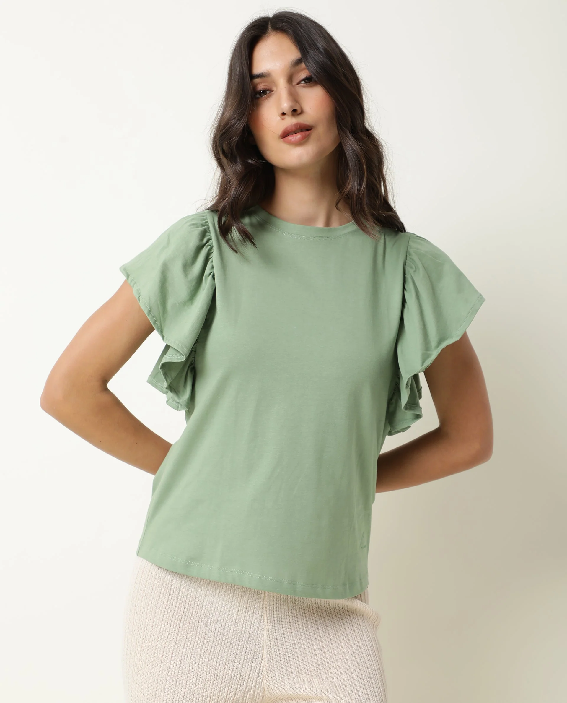 Rareism Women's Yatch Green Crew Neck Plain Regular Fit Top