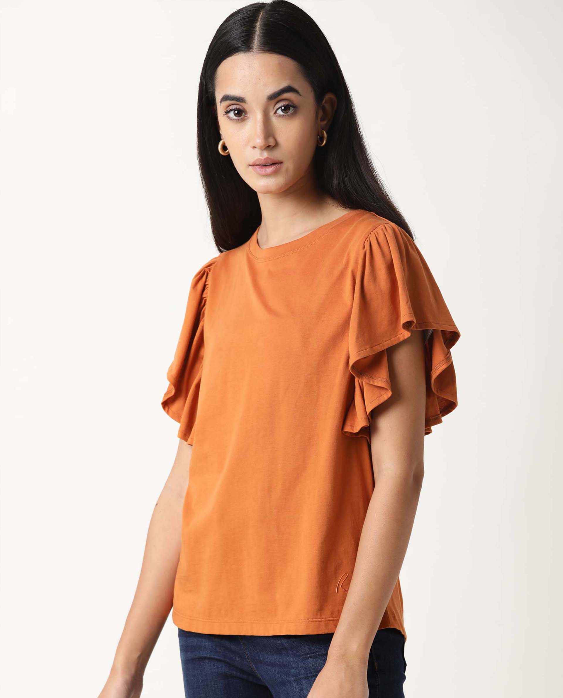 Rareism Women's Yatch Orange Crew Neck Plain Regular Fit Top - Image 3
