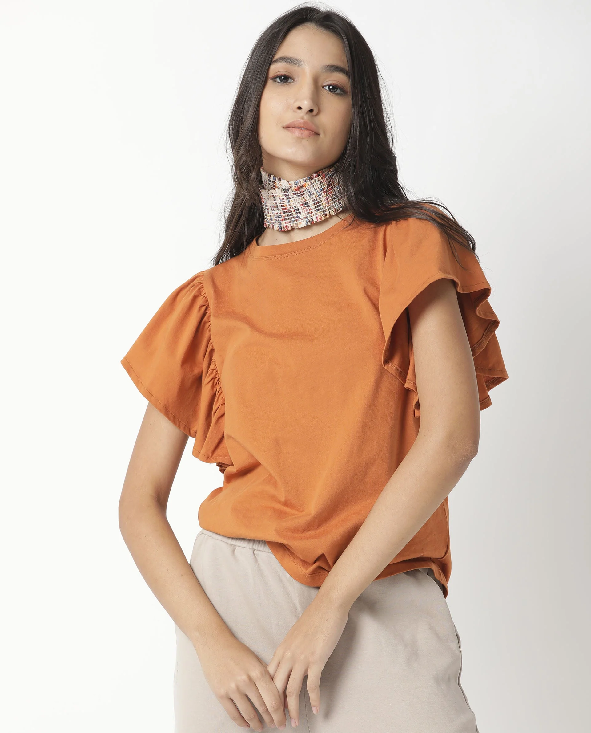 Rareism Women's Yatch Orange Crew Neck Plain Regular Fit Top - Image 5