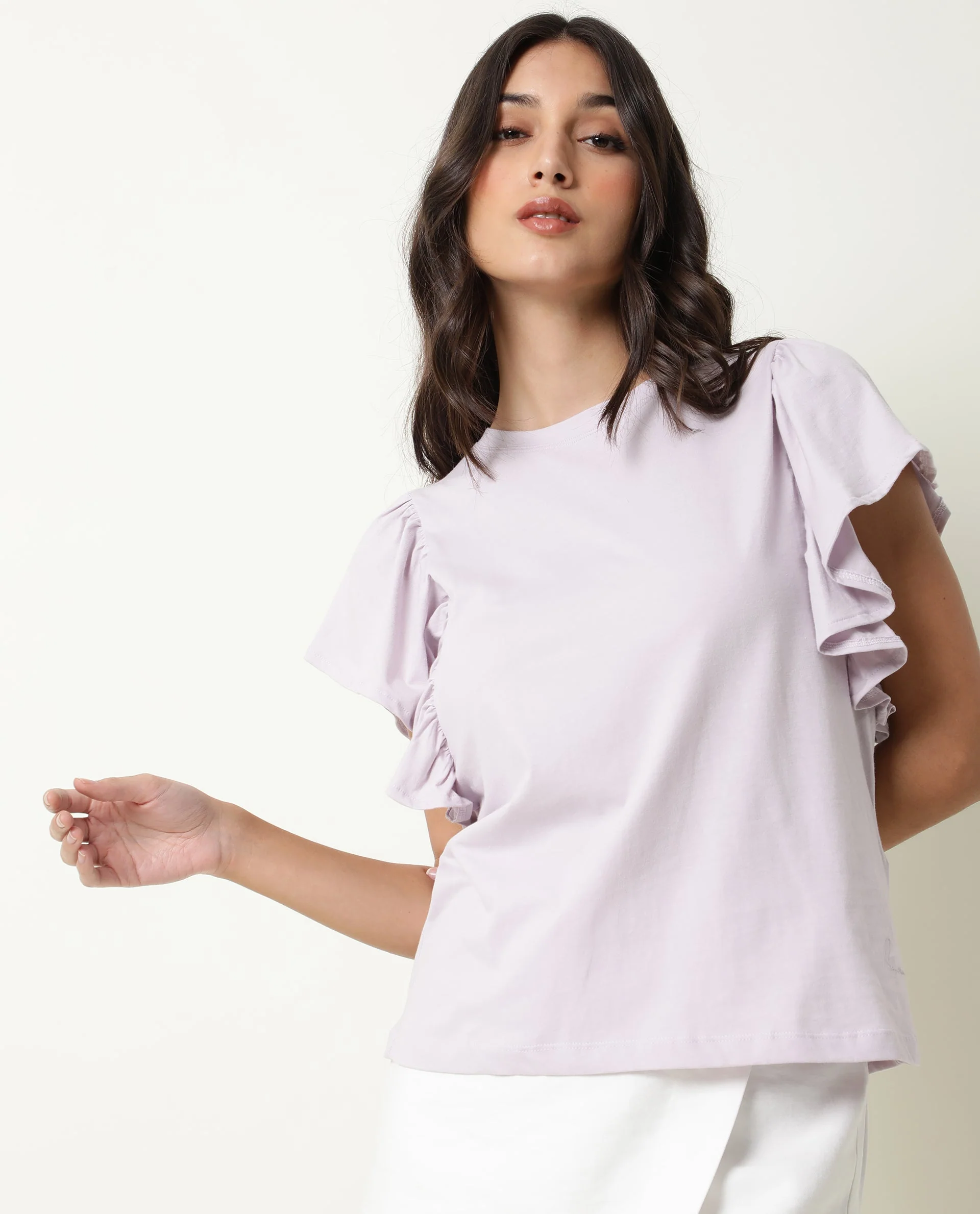 Rareism Women's Yatch Purple Cotton Crew Neck Plain Ruffled Sleeve Regular Fit Top