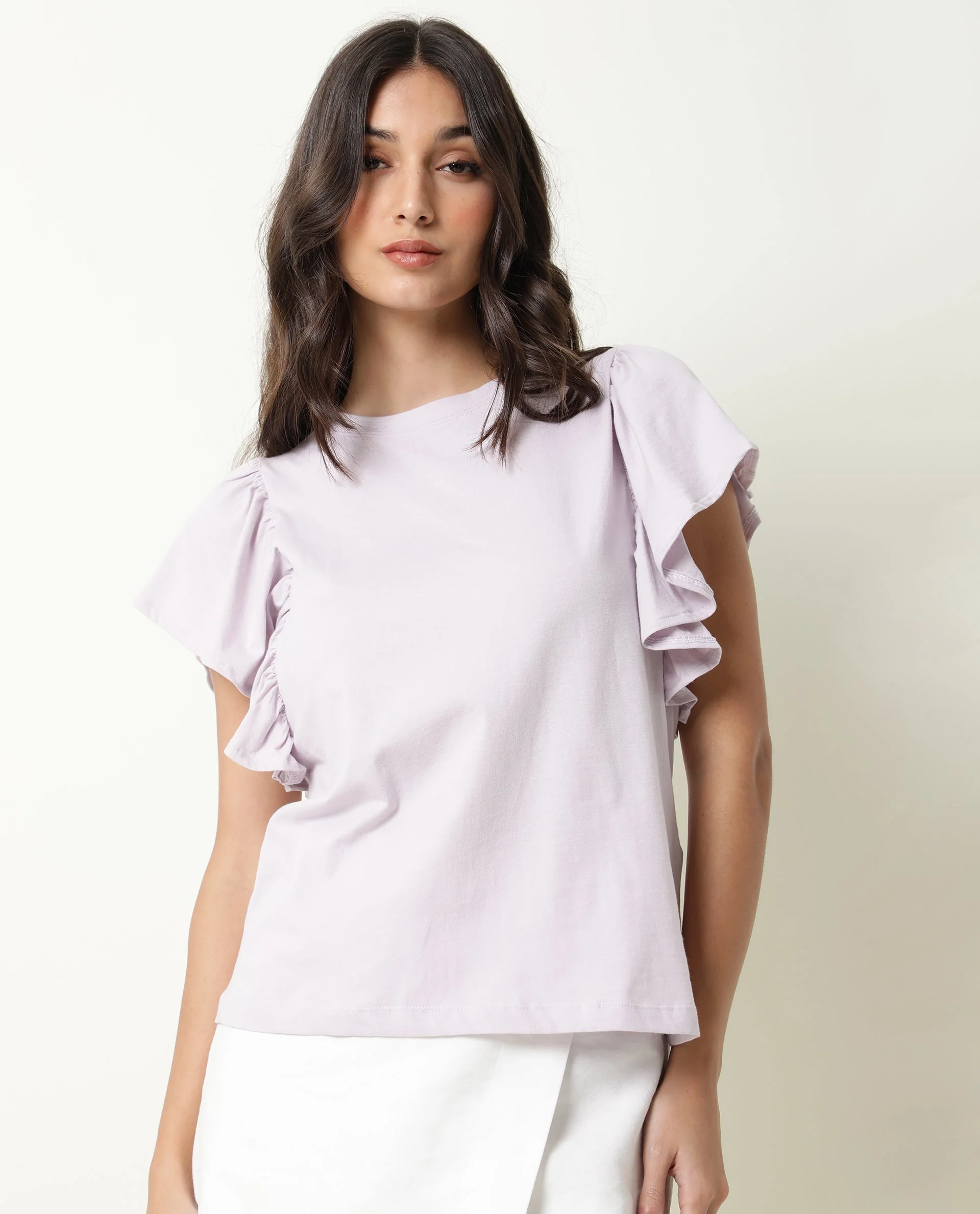 Rareism Women's Yatch Purple Cotton Crew Neck Plain Ruffled Sleeve Regular Fit Top - Image 4