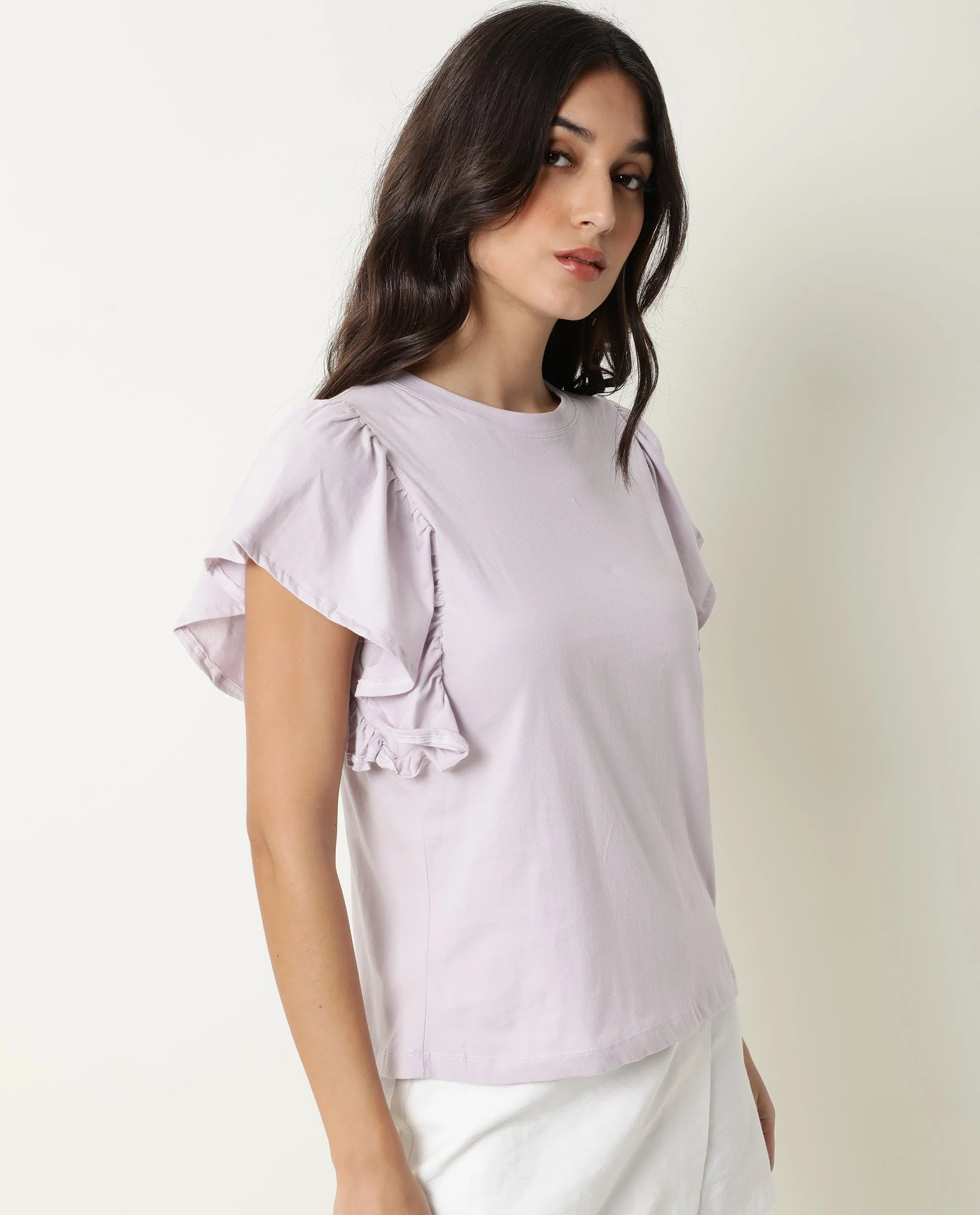 Rareism Women's Yatch Purple Cotton Crew Neck Plain Ruffled Sleeve Regular Fit Top - Image 6