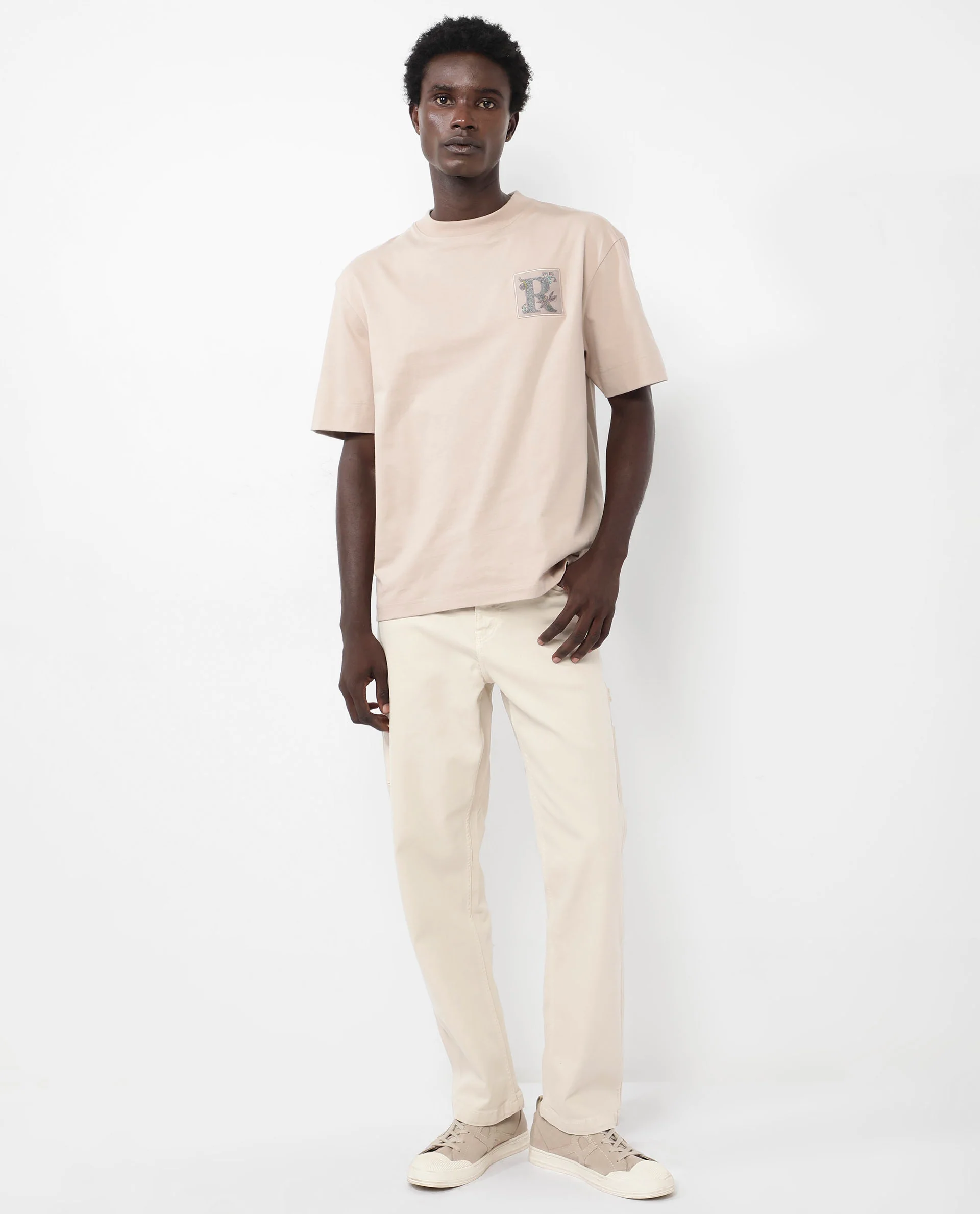 Rare Rabbit Articale Mens Yates Dusky Beige Cotton Polyester Fabric Short Sleeve Crew Neck Oversized Fit Graphic Print T-Shirt - Image 2