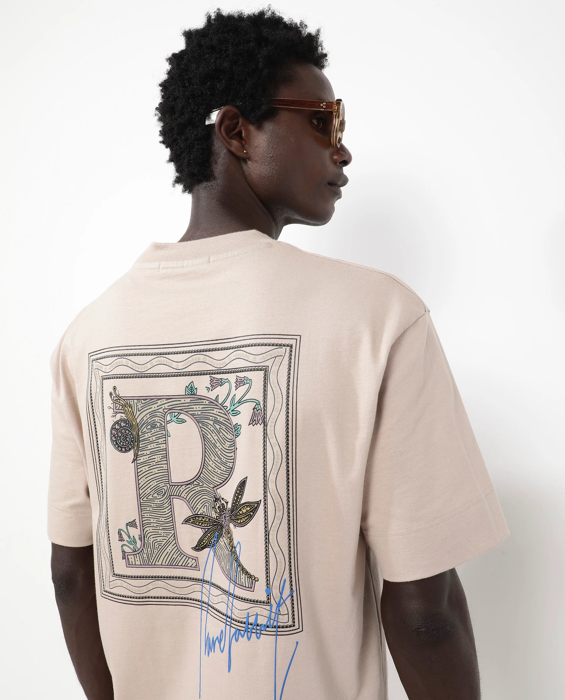 Rare Rabbit Articale Mens Yates Dusky Beige Cotton Polyester Fabric Short Sleeve Crew Neck Oversized Fit Graphic Print T-Shirt - Image 3