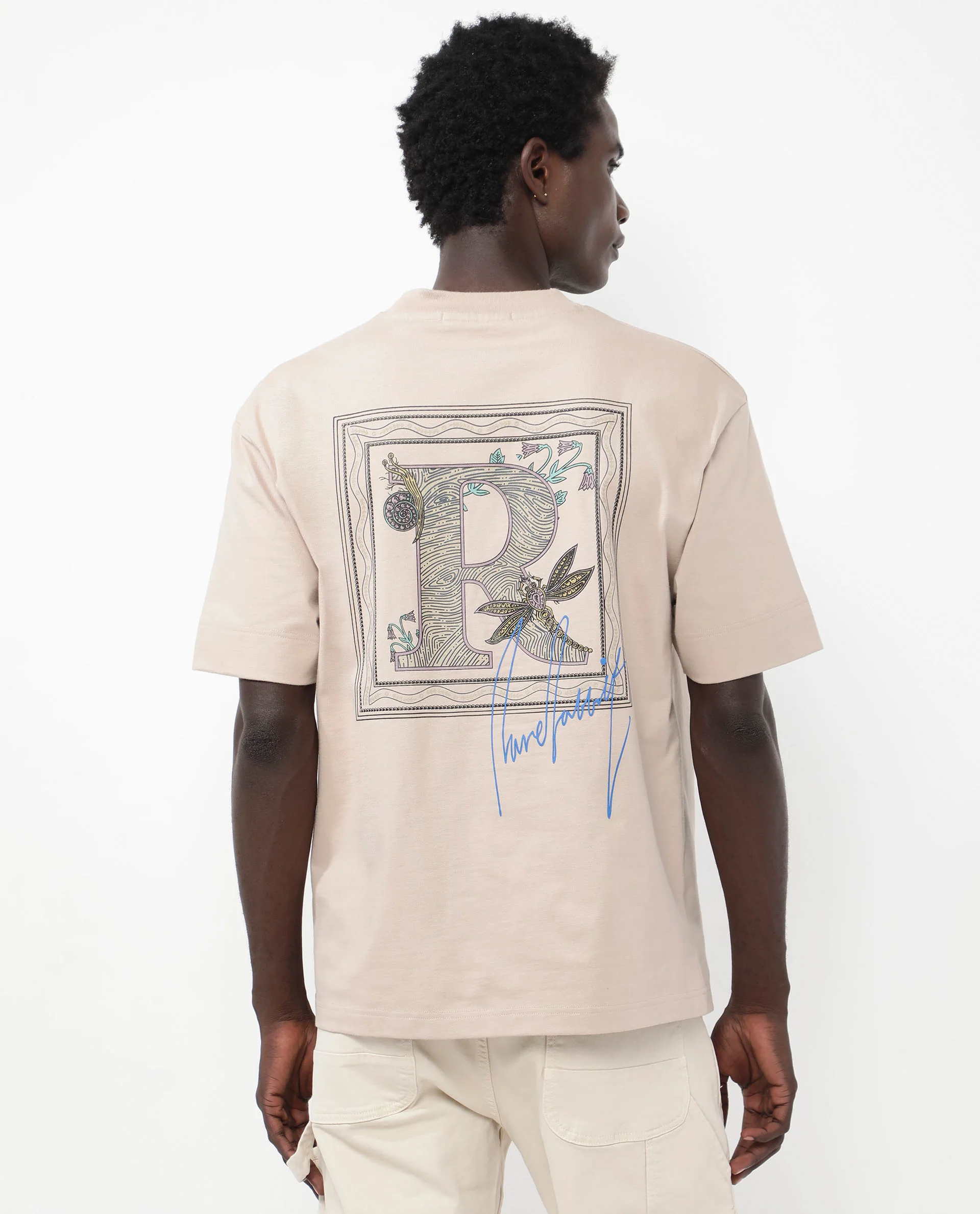Rare Rabbit Articale Mens Yates Dusky Beige Cotton Polyester Fabric Short Sleeve Crew Neck Oversized Fit Graphic Print T-Shirt - Image 7