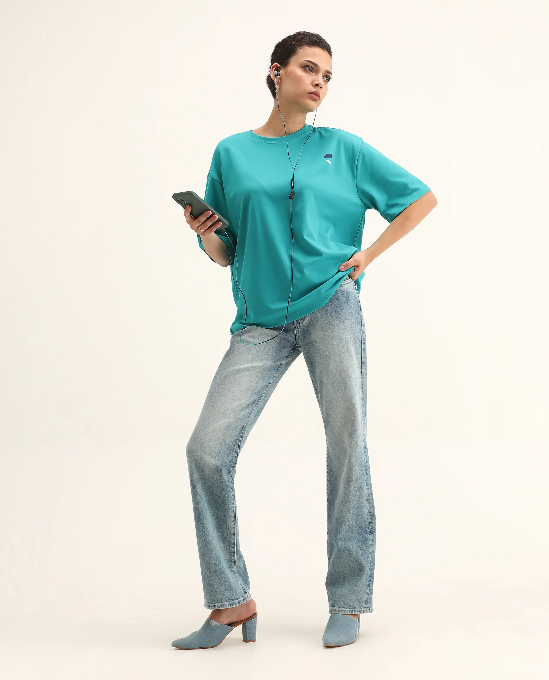 Rareism Women's Yeez Teal Cotton Blend Crew Neck Graphic Print Oversized T-Shirt - Image 2