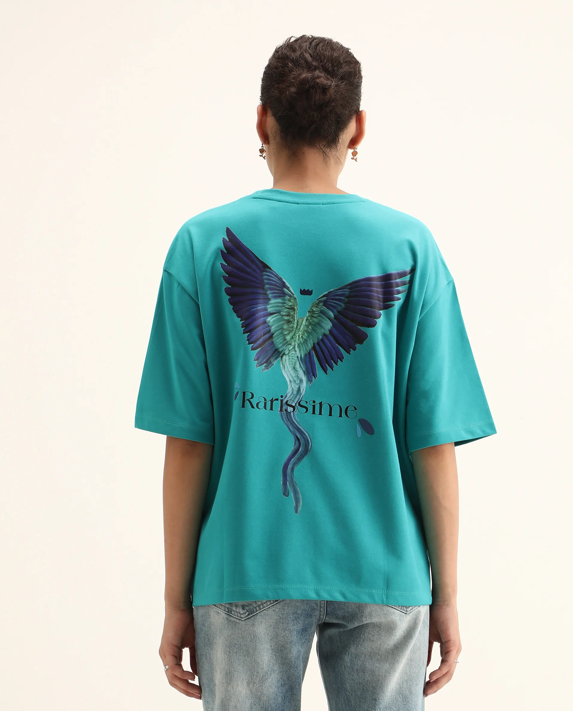 Rareism Women's Yeez Teal Cotton Blend Crew Neck Graphic Print Oversized T-Shirt - Image 4