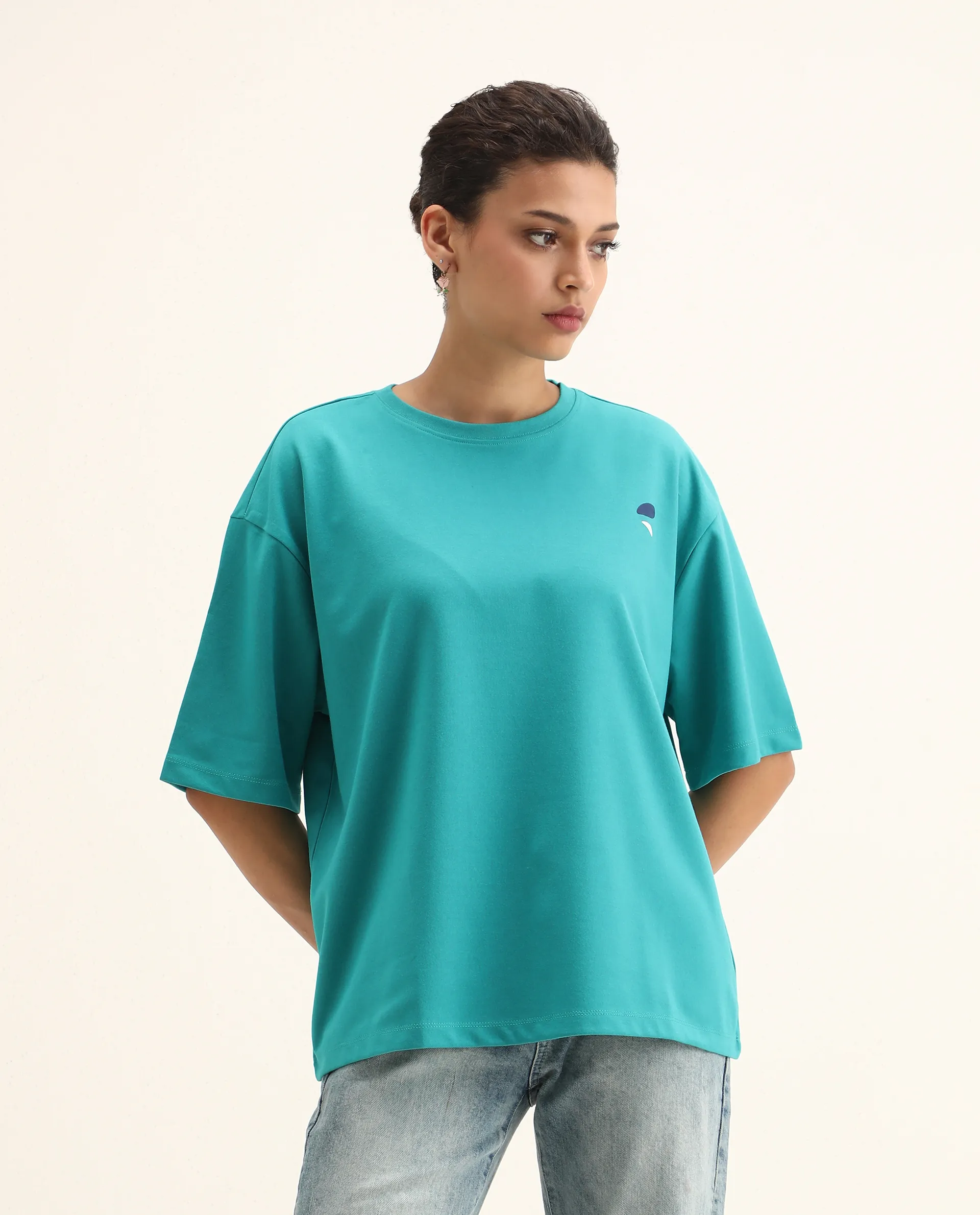 Rareism Women's Yeez Teal Cotton Blend Crew Neck Graphic Print Oversized T-Shirt - Image 5