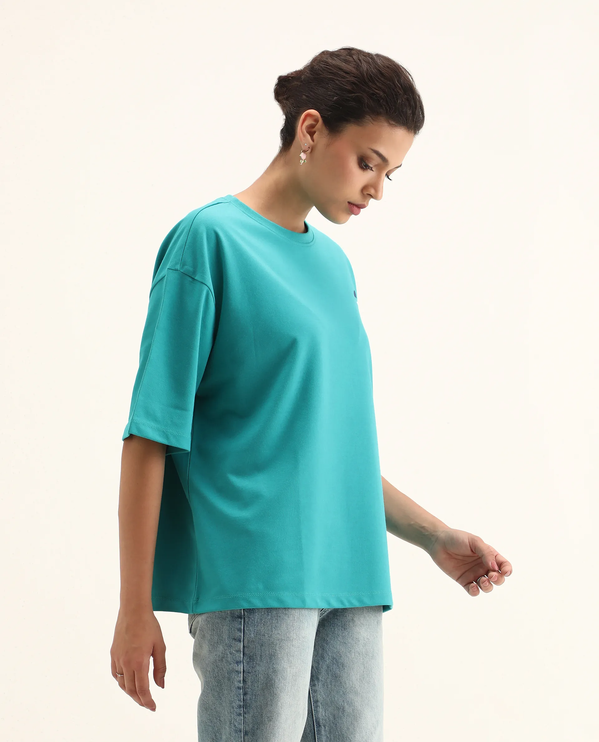Rareism Women's Yeez Teal Cotton Blend Crew Neck Graphic Print Oversized T-Shirt - Image 6