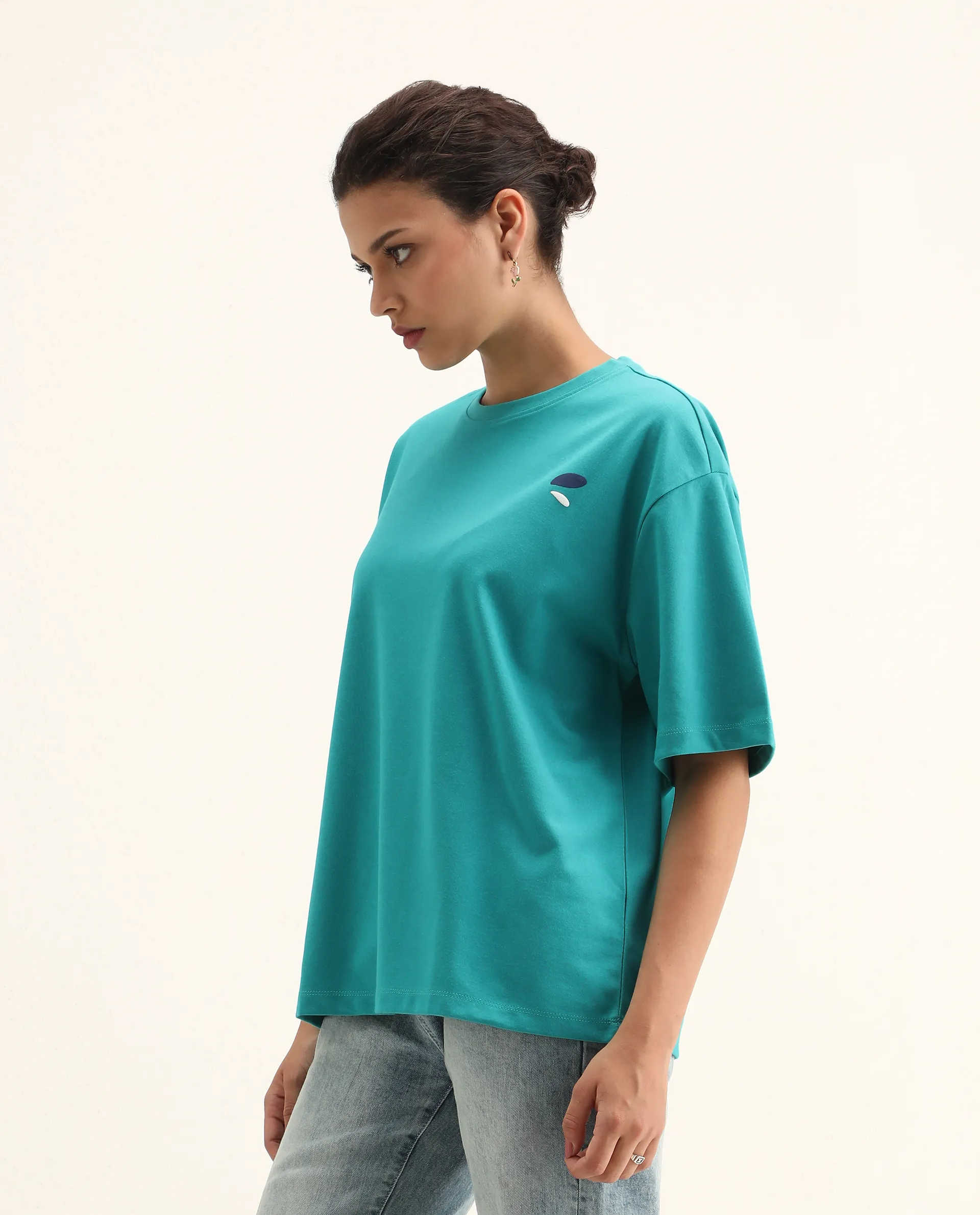 Rareism Women's Yeez Teal Cotton Blend Crew Neck Graphic Print Oversized T-Shirt - Image 7