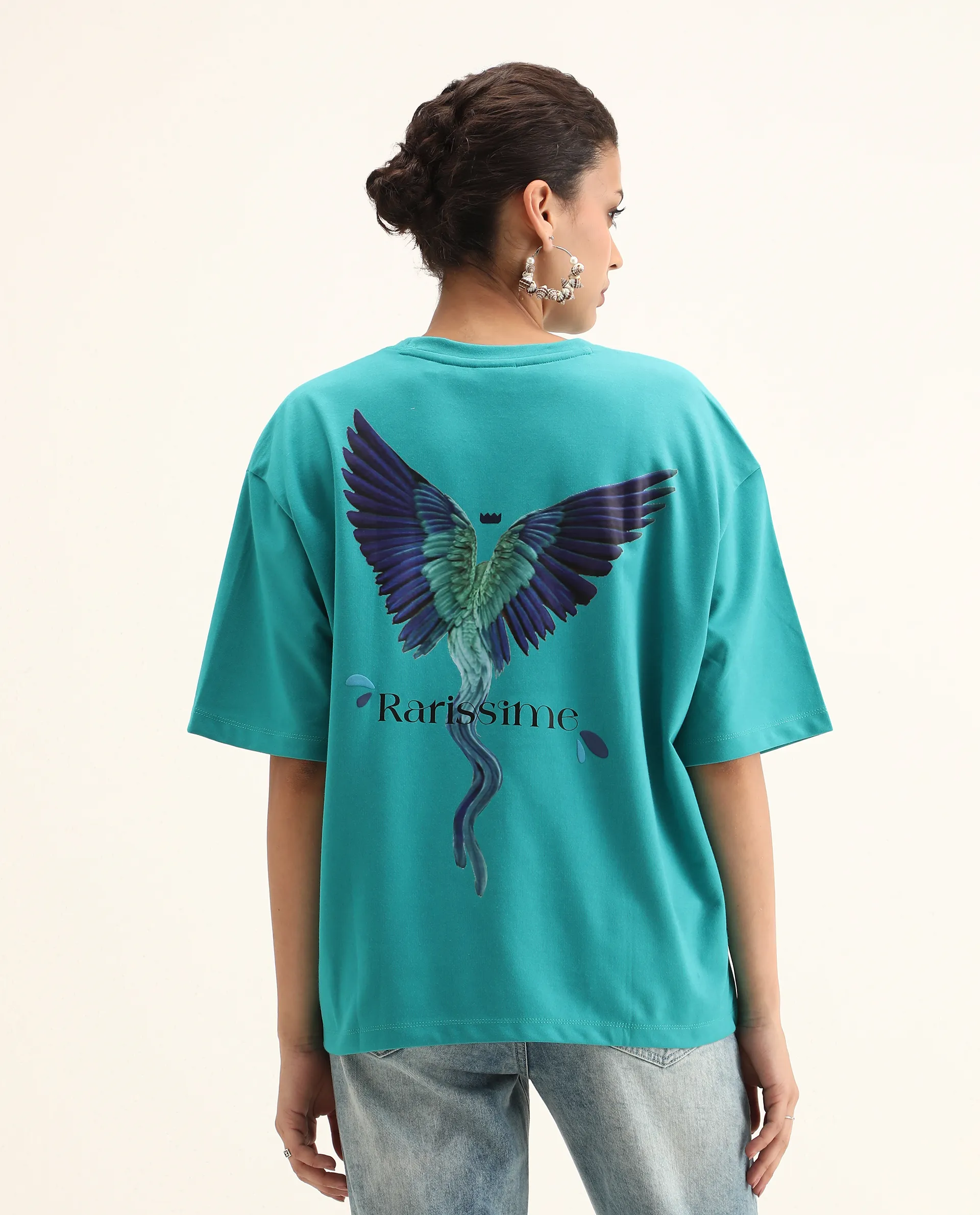 Rareism Women's Yeez Teal Cotton Blend Crew Neck Graphic Print Oversized T-Shirt - Image 9