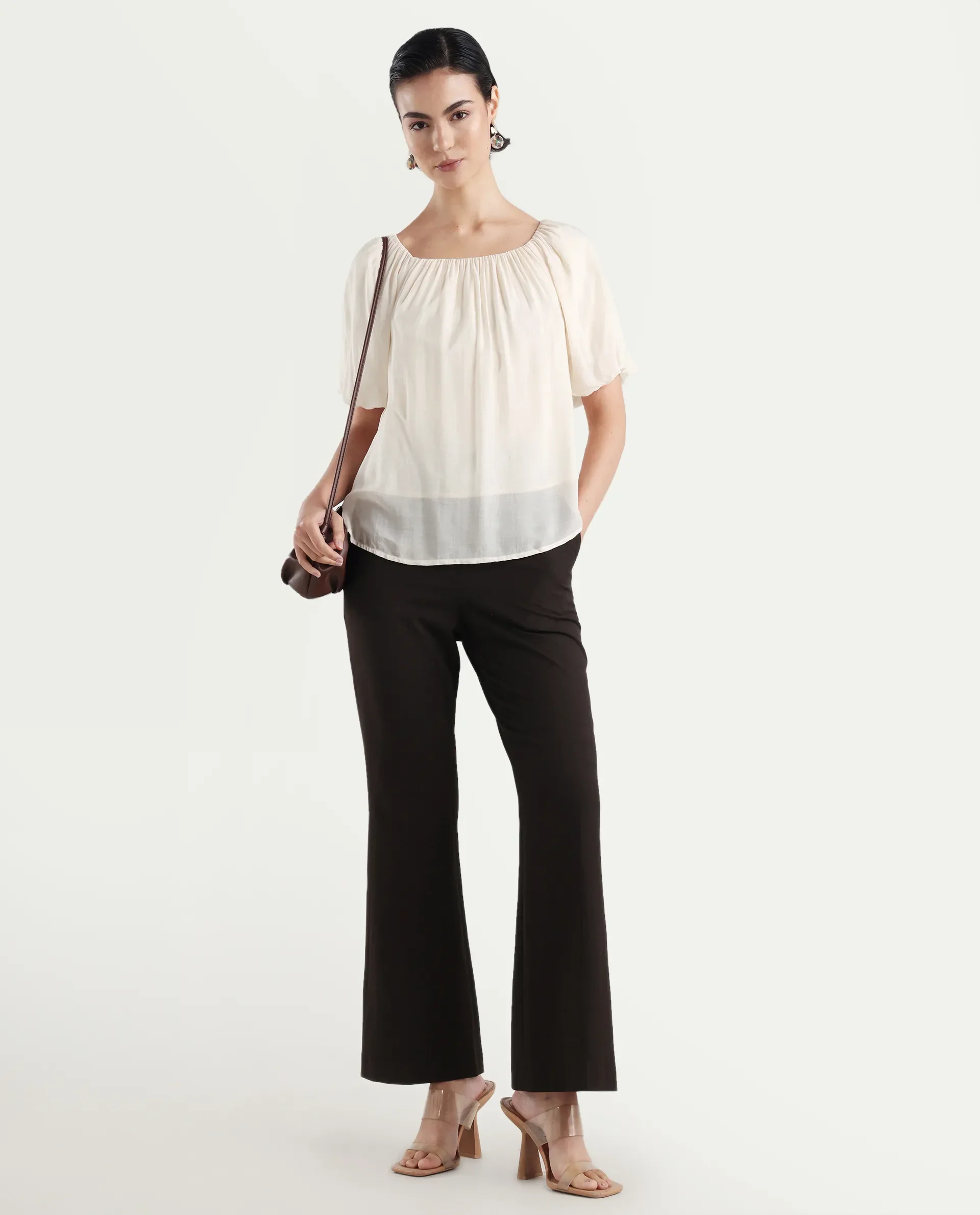 Rareism Women's Yelan Beige Square Neck Plain Balloon Sleeve Relaxed Fit Top - Image 2