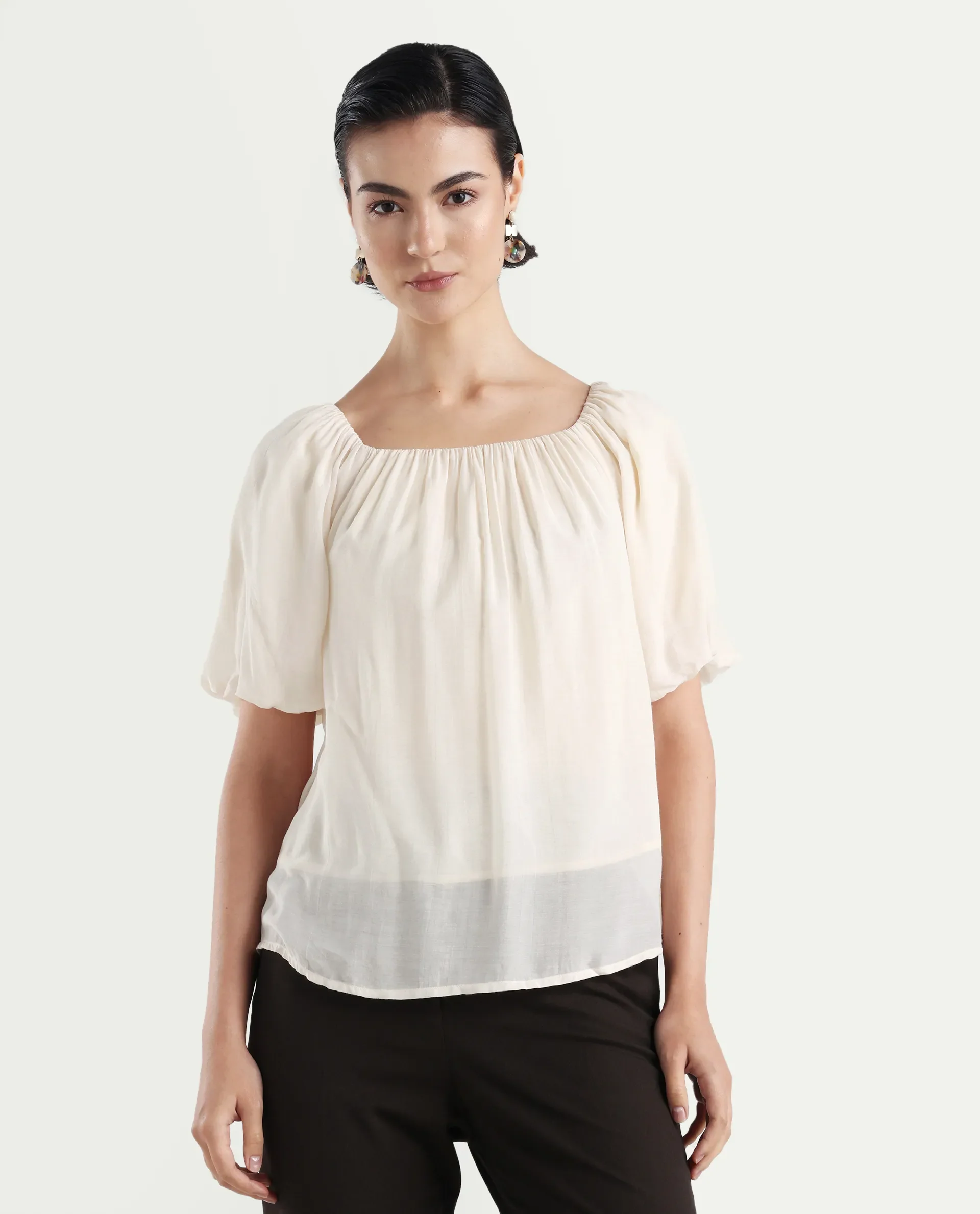 Rareism Women's Yelan Beige Square Neck Plain Balloon Sleeve Relaxed Fit Top - Image 3