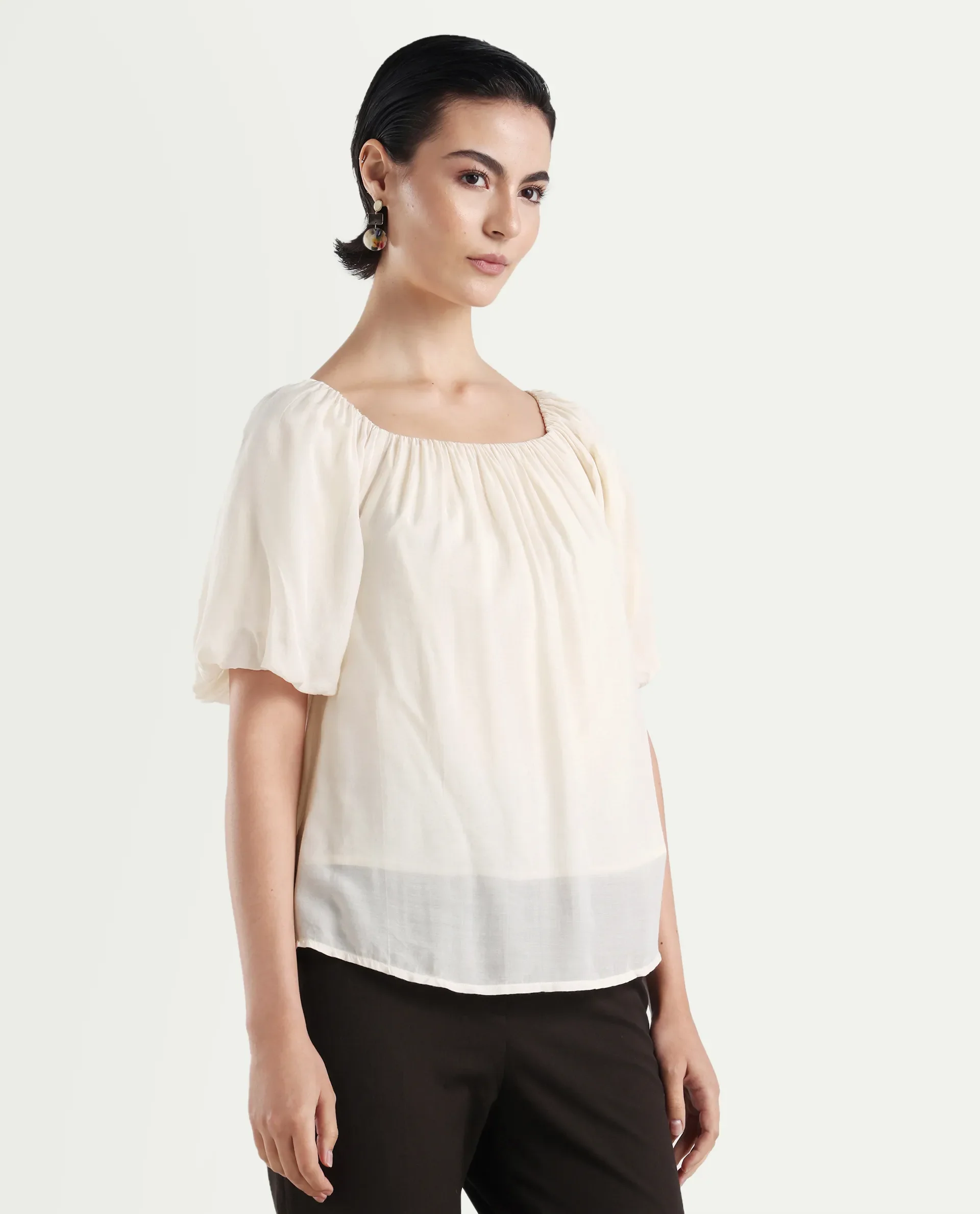 Rareism Women's Yelan Beige Square Neck Plain Balloon Sleeve Relaxed Fit Top - Image 5