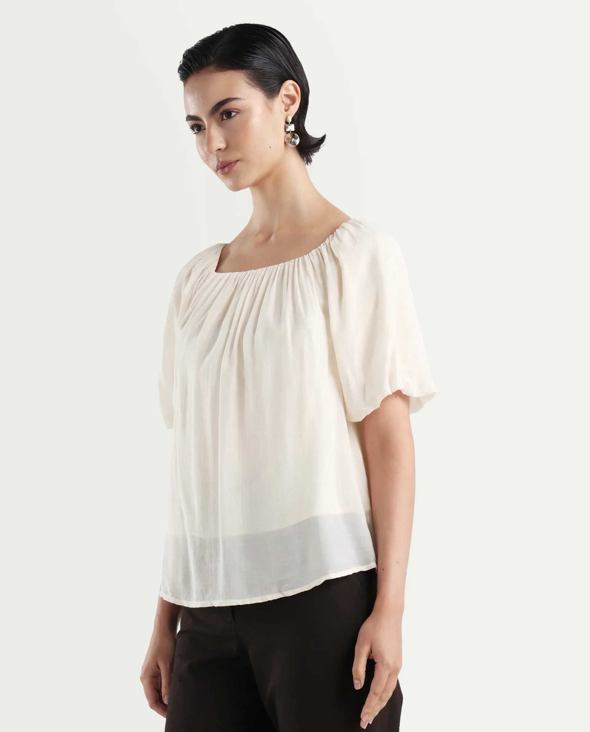 Rareism Women's Yelan Beige Square Neck Plain Balloon Sleeve Relaxed Fit Top - Image 6