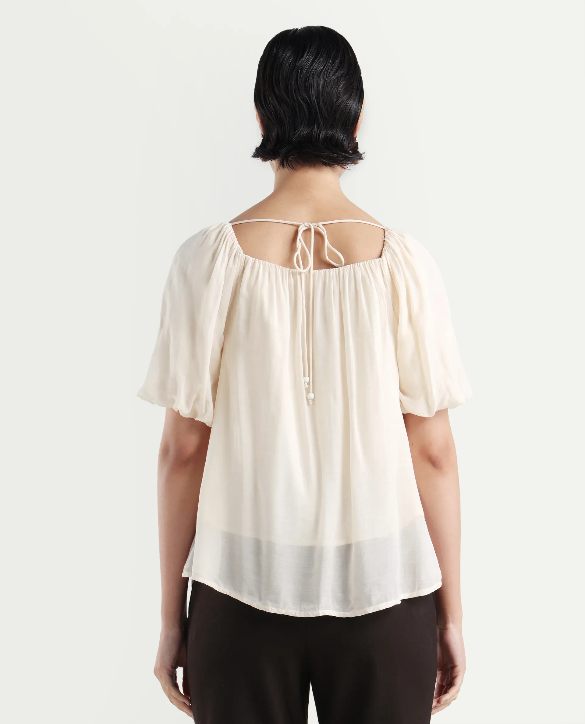 Rareism Women's Yelan Beige Square Neck Plain Balloon Sleeve Relaxed Fit Top - Image 7