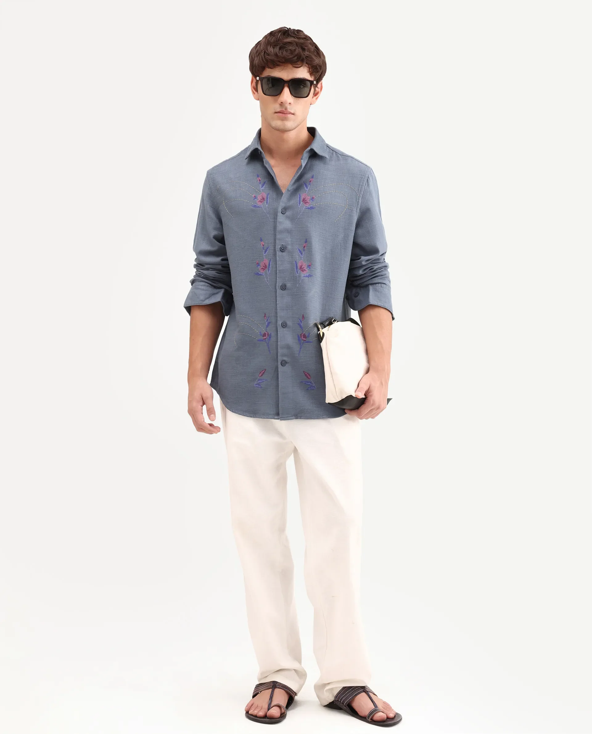 Rare Rabbit Men's Yelb Light Grey Cotton Fabric Full Sleeve Spread Collar Button Regular Embroidered Shirt - Image 2