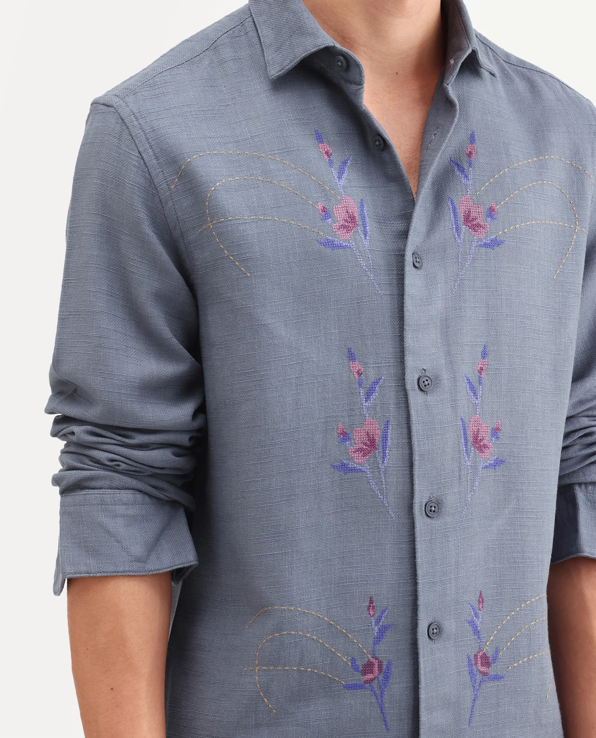 Rare Rabbit Men's Yelb Light Grey Cotton Fabric Full Sleeve Spread Collar Button Regular Embroidered Shirt - Image 3