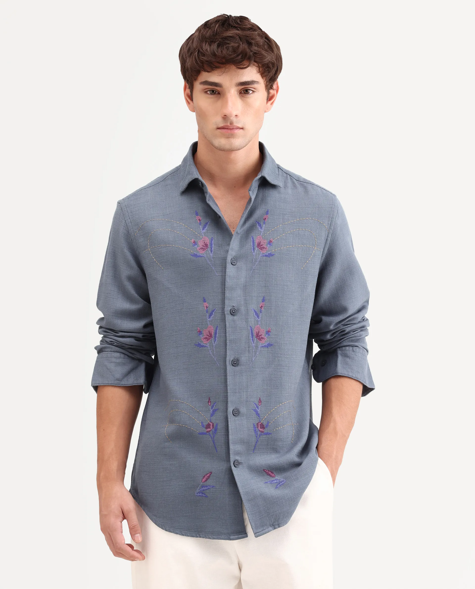 Rare Rabbit Men's Yelb Light Grey Cotton Fabric Full Sleeve Spread Collar Button Regular Embroidered Shirt - Image 4