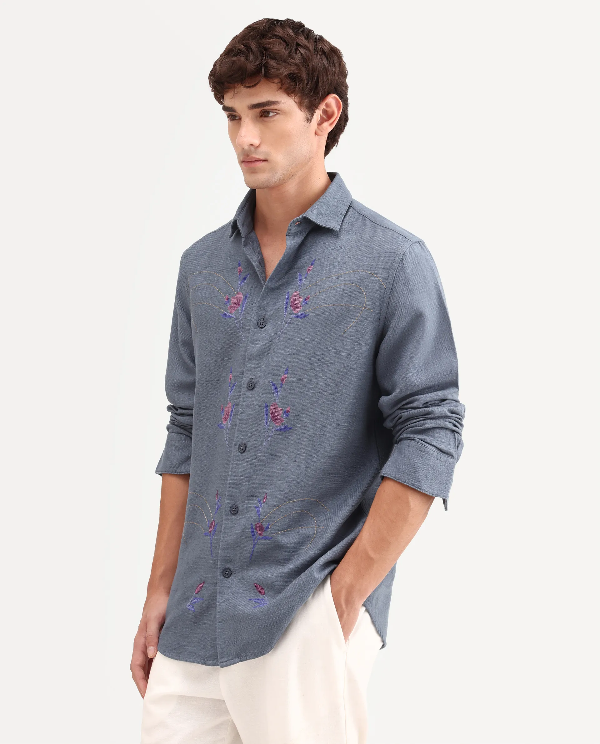 Rare Rabbit Men's Yelb Light Grey Cotton Fabric Full Sleeve Spread Collar Button Regular Embroidered Shirt - Image 5