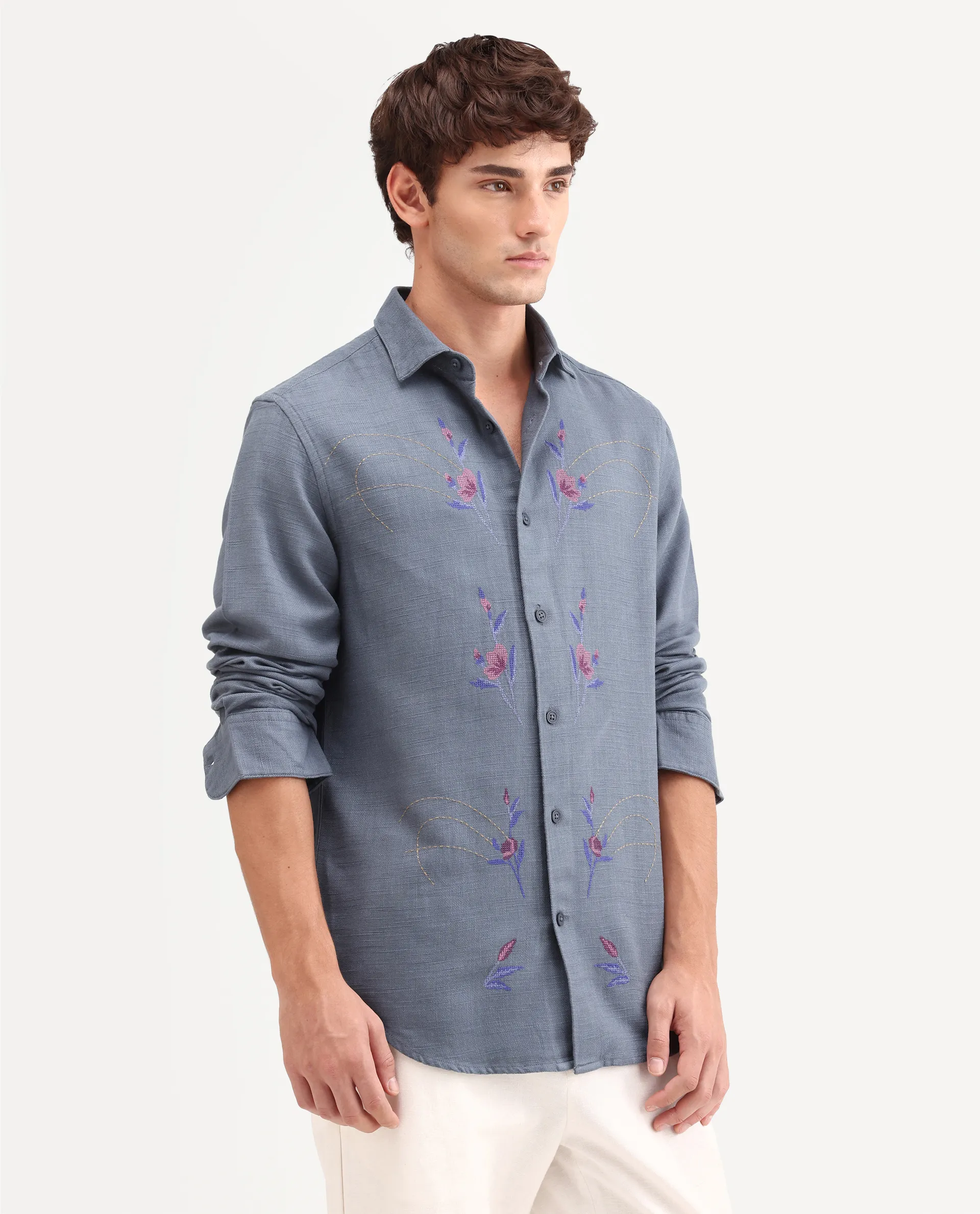 Rare Rabbit Men's Yelb Light Grey Cotton Fabric Full Sleeve Spread Collar Button Regular Embroidered Shirt - Image 6
