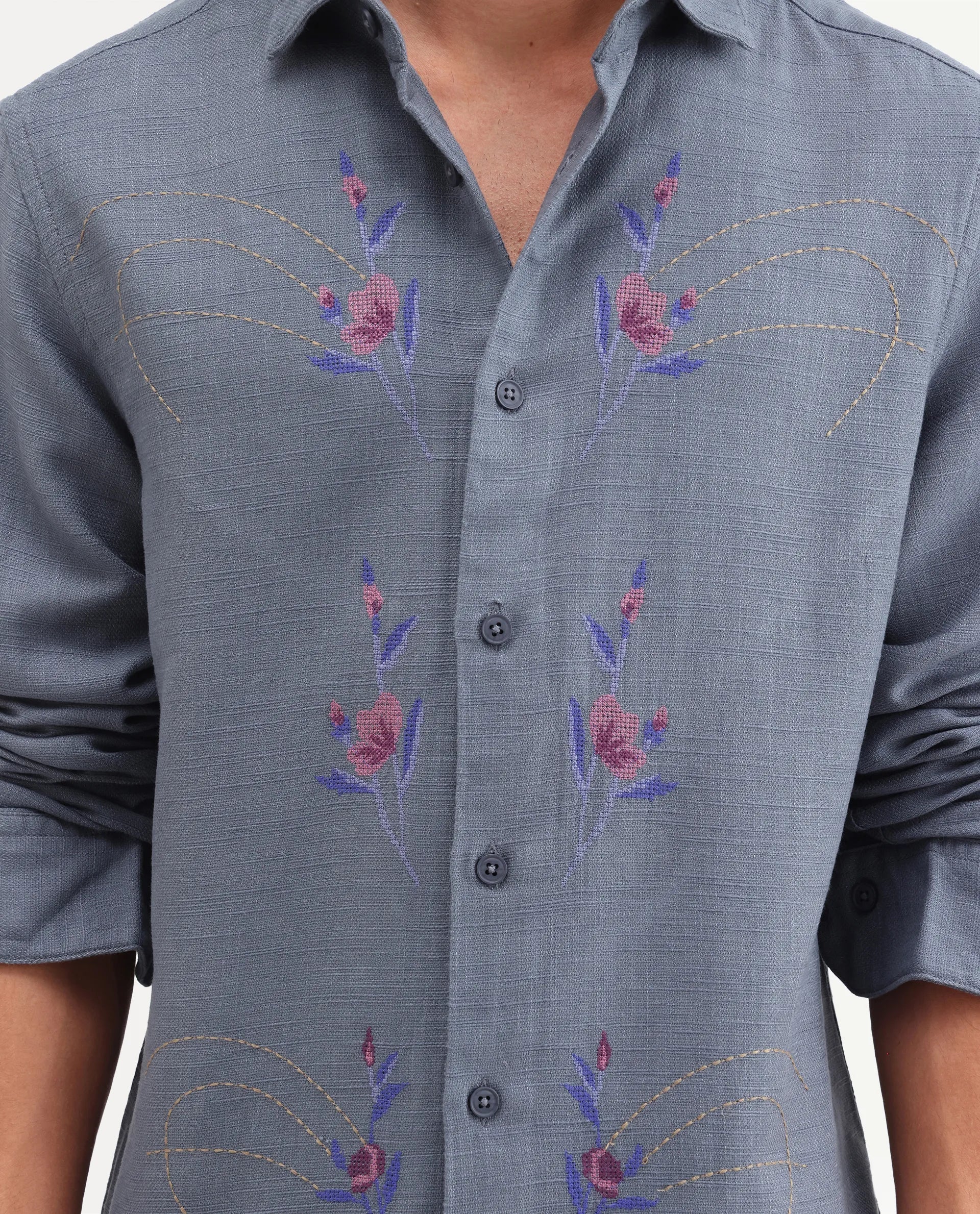 Rare Rabbit Men's Yelb Light Grey Cotton Fabric Full Sleeve Spread Collar Button Regular Embroidered Shirt - Image 7