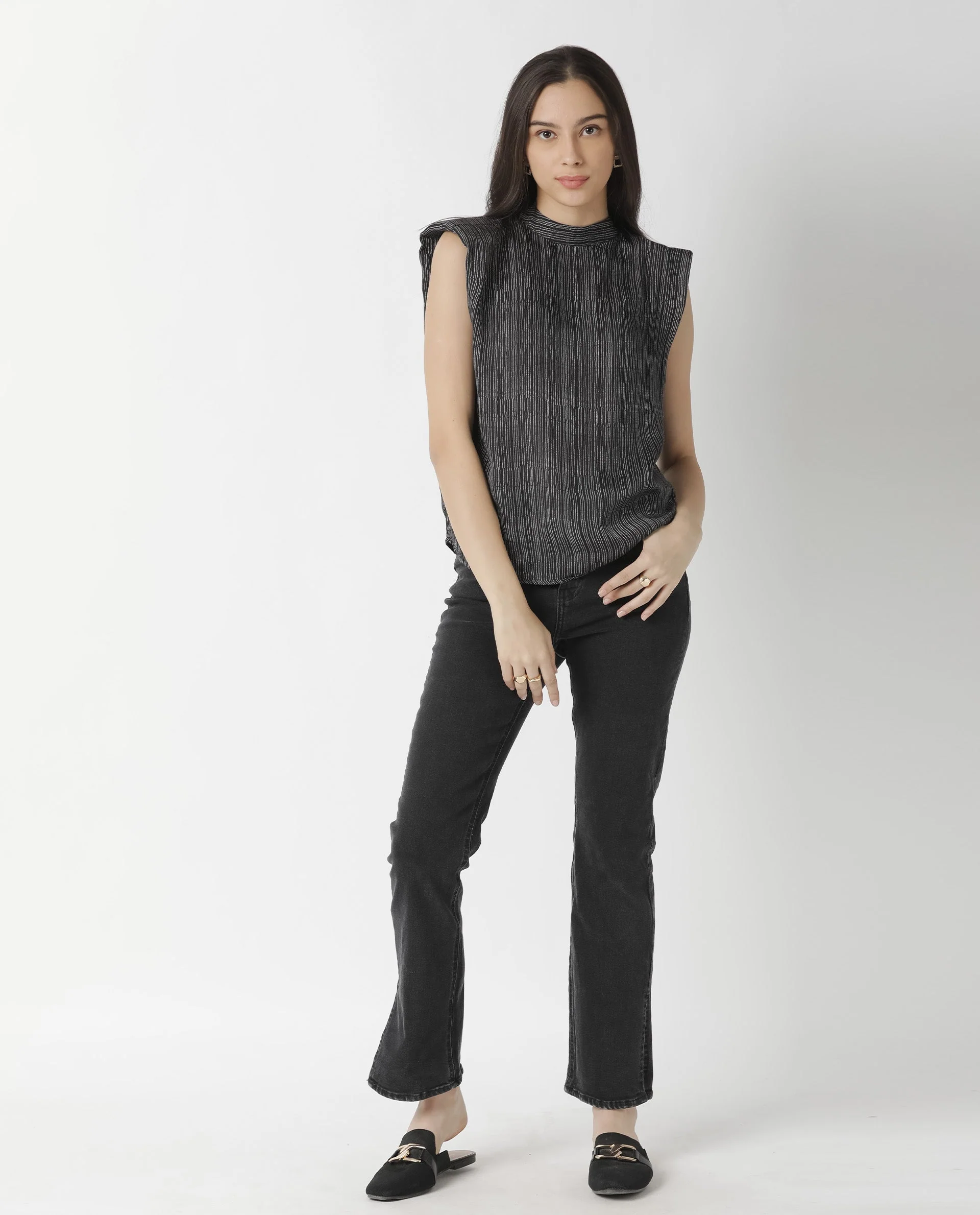 Rareism Women Yella Black Top Sleeveless Printed - Image 2