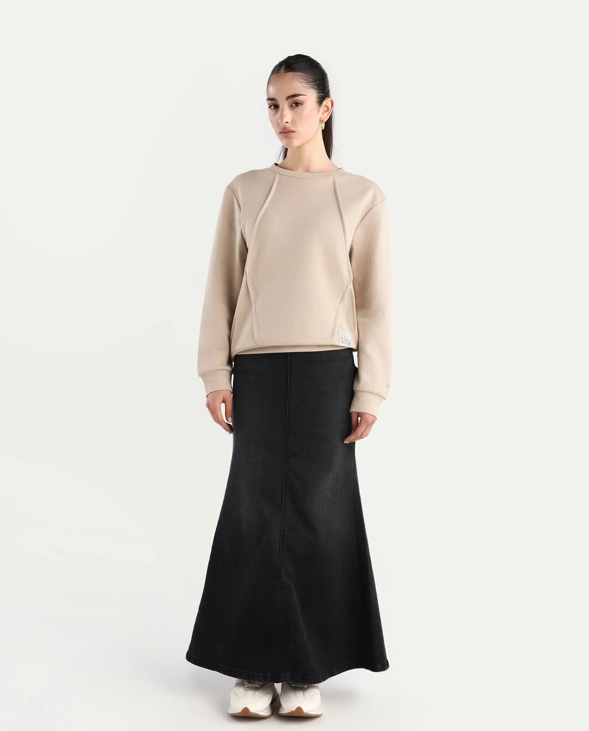 Rareism Women's Yello Beige Cotton Blend Crew Neck Plain Relaxed Fit Sweatshirt - Image 2