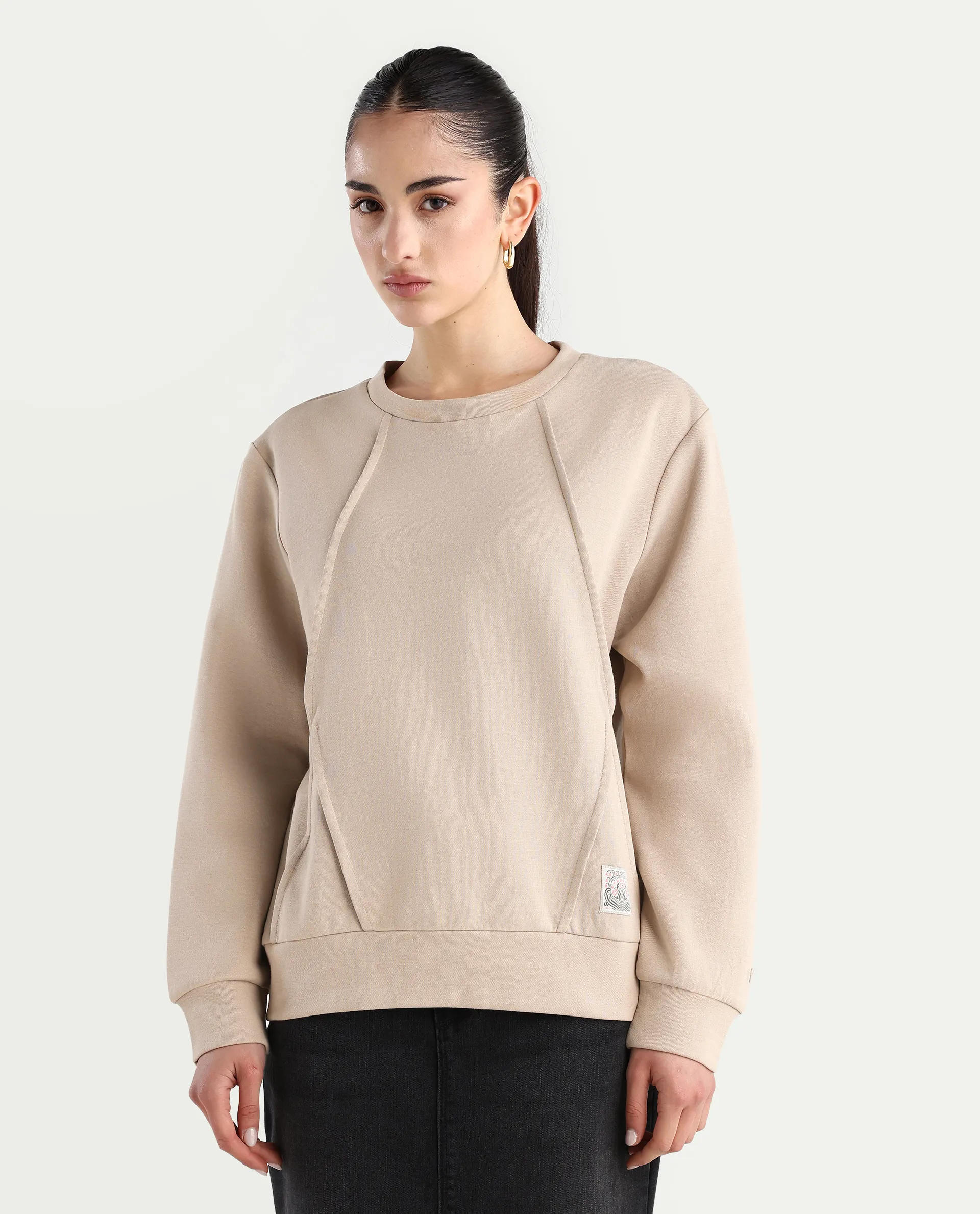 Rareism Women's Yello Beige Cotton Blend Crew Neck Plain Relaxed Fit Sweatshirt - Image 4