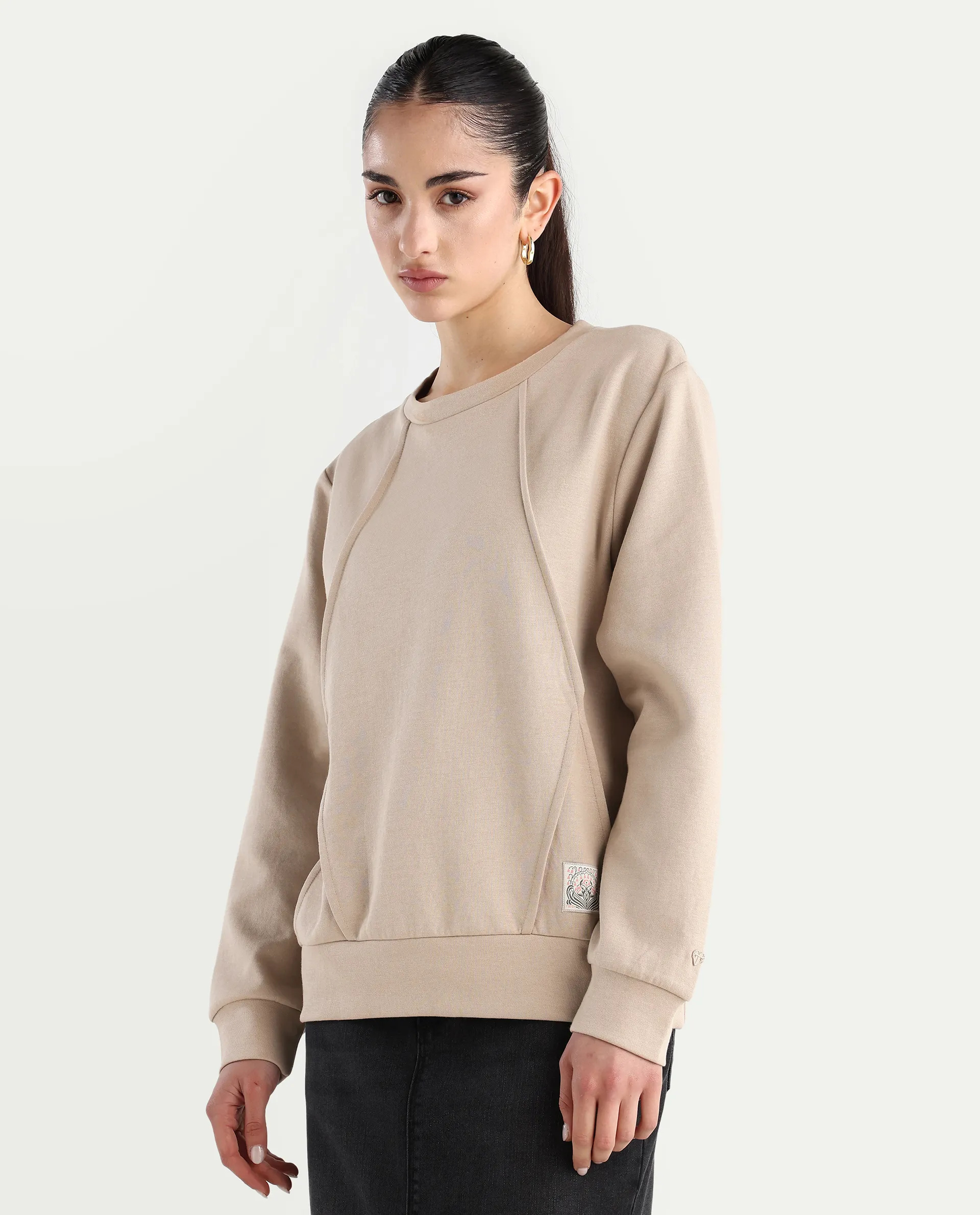 Rareism Women's Yello Beige Cotton Blend Crew Neck Plain Relaxed Fit Sweatshirt - Image 5