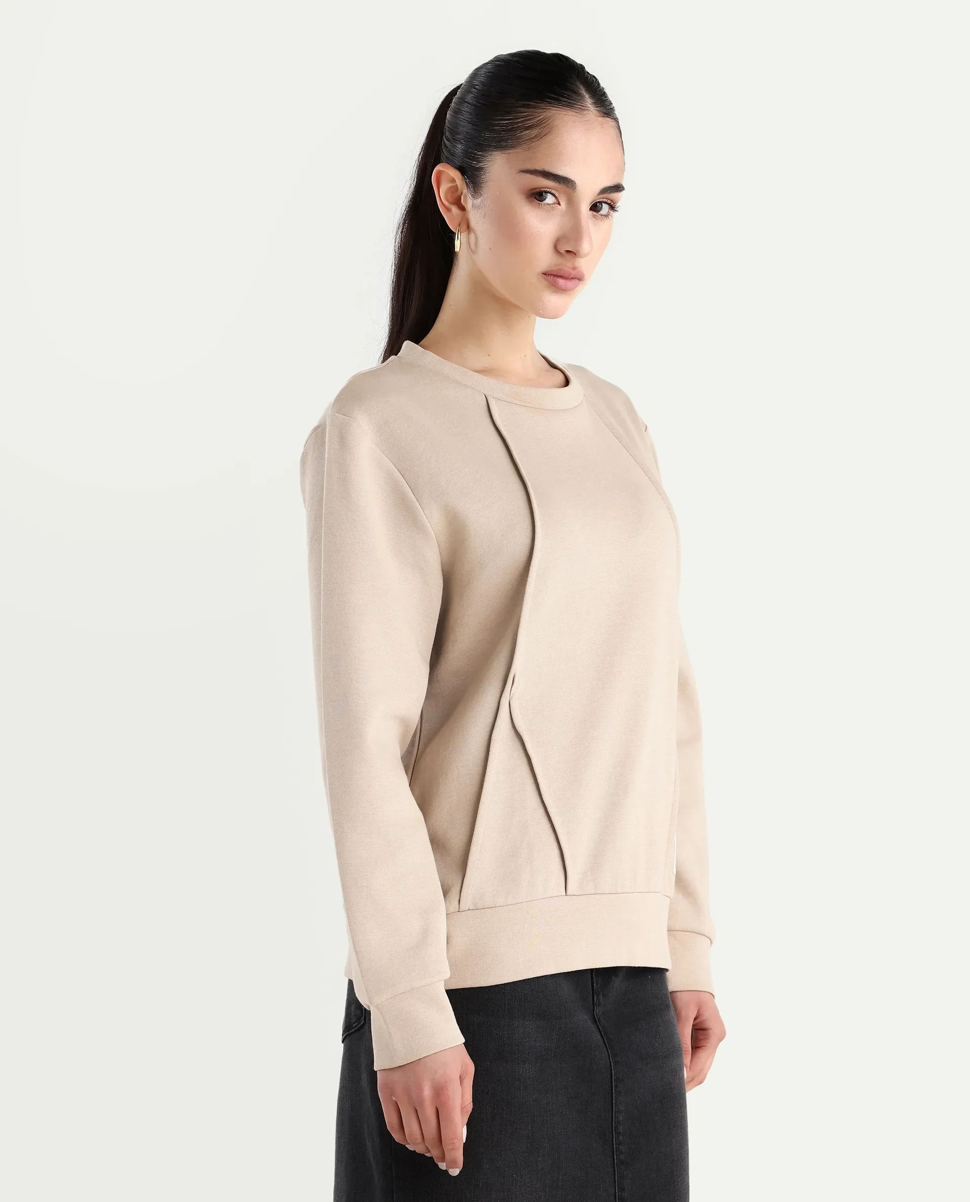 Rareism Women's Yello Beige Cotton Blend Crew Neck Plain Relaxed Fit Sweatshirt - Image 6