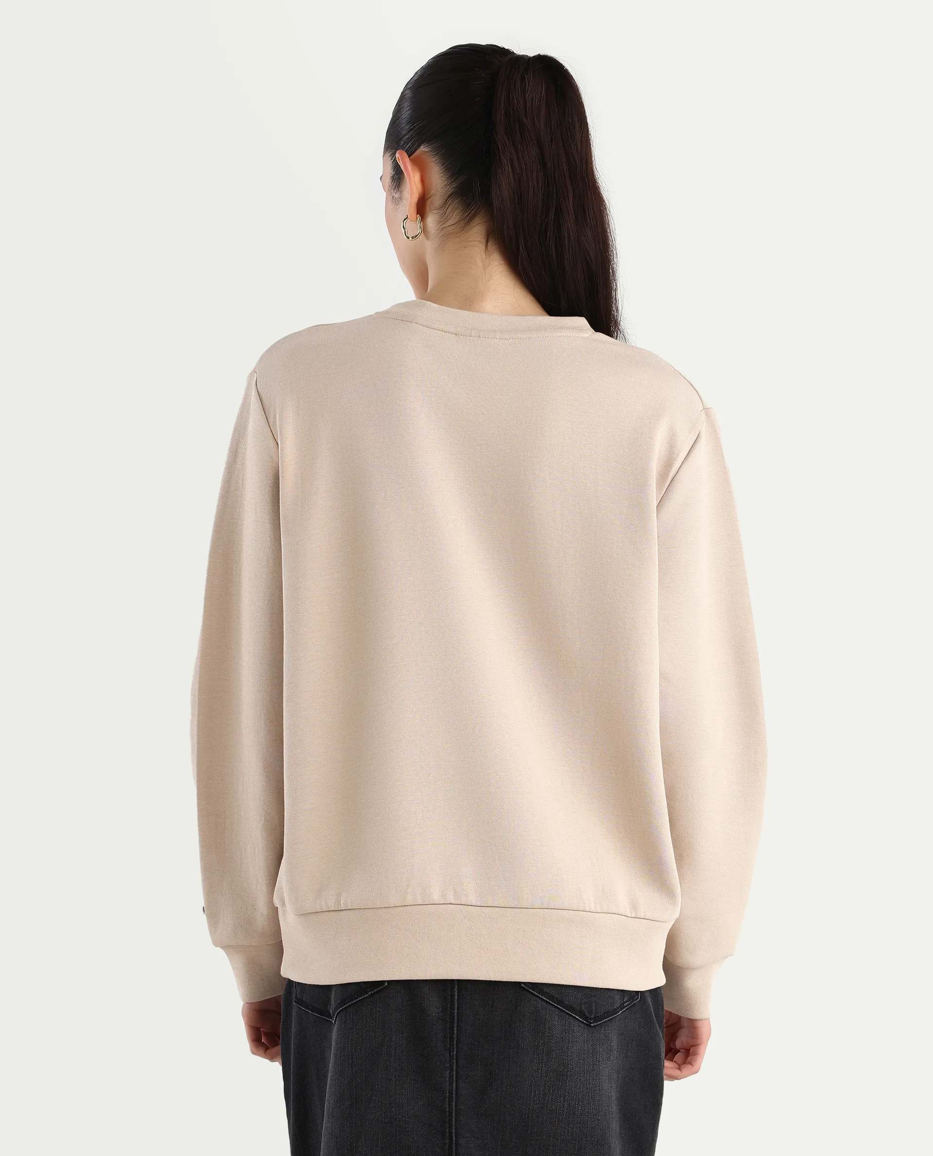 Rareism Women's Yello Beige Cotton Blend Crew Neck Plain Relaxed Fit Sweatshirt - Image 7