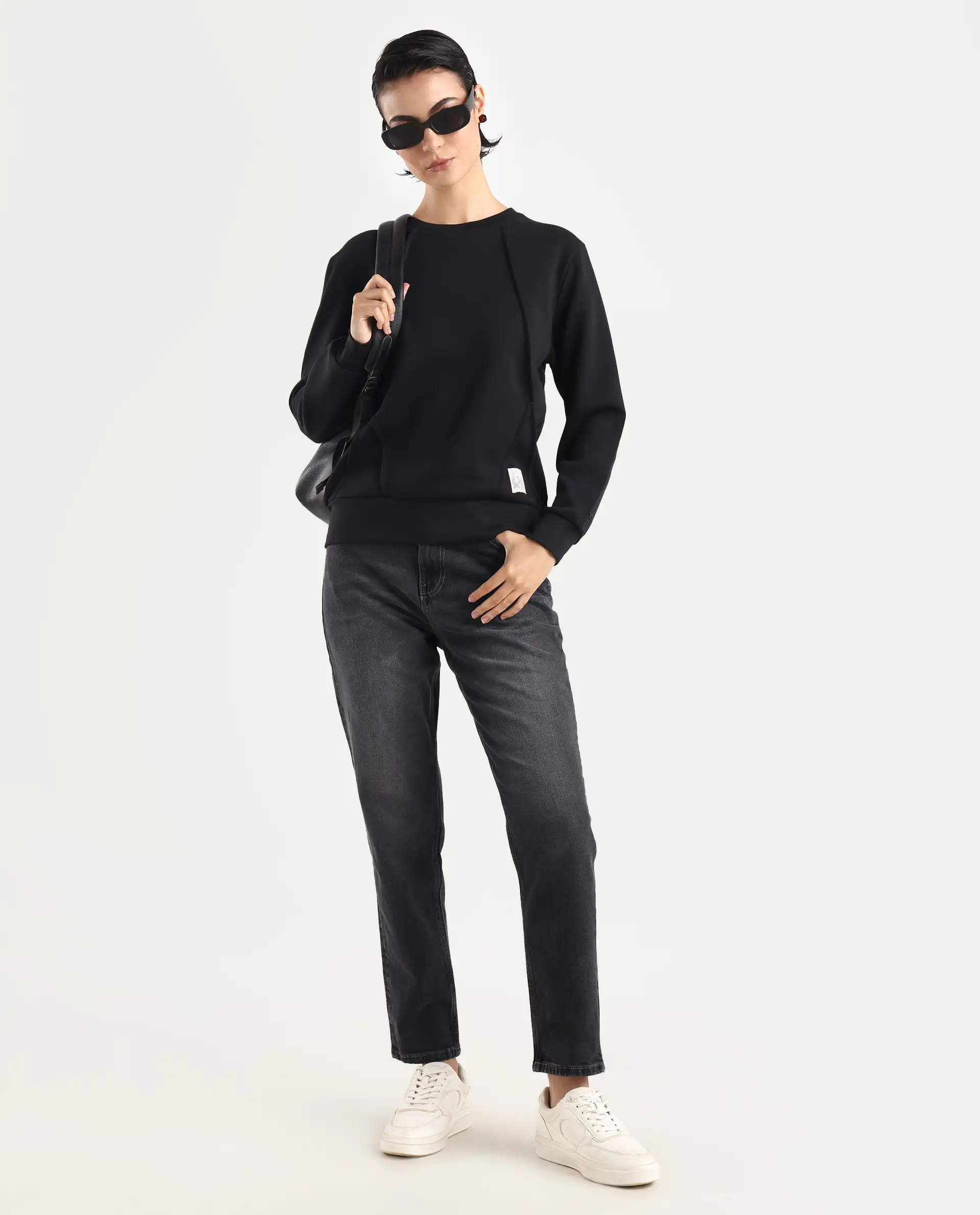 Rareism Women's Yello Black Cotton Blend Crew Neck Plain Relaxed Fit Sweatshirt - Image 2