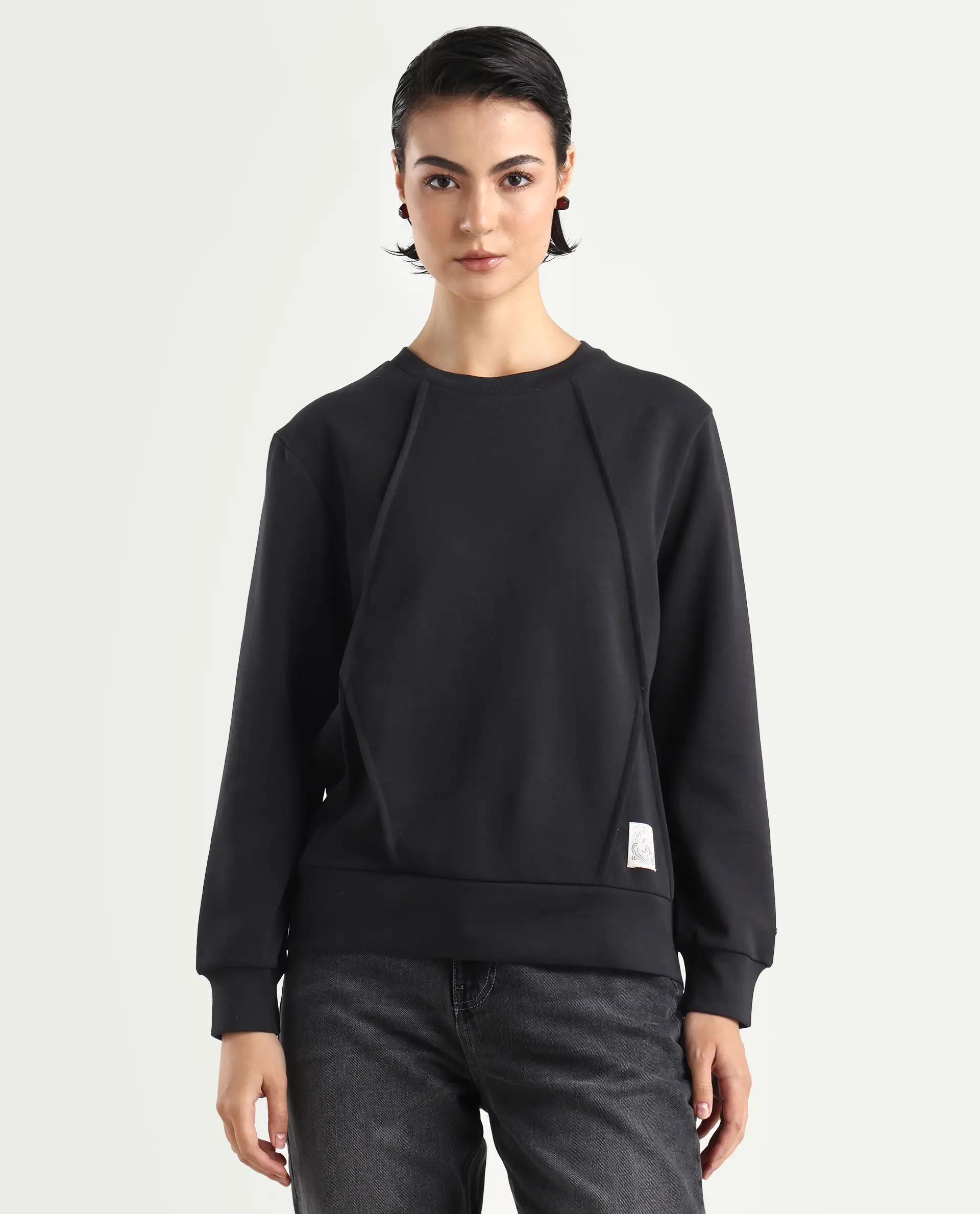 Rareism Women's Yello Black Cotton Blend Crew Neck Plain Relaxed Fit Sweatshirt - Image 3