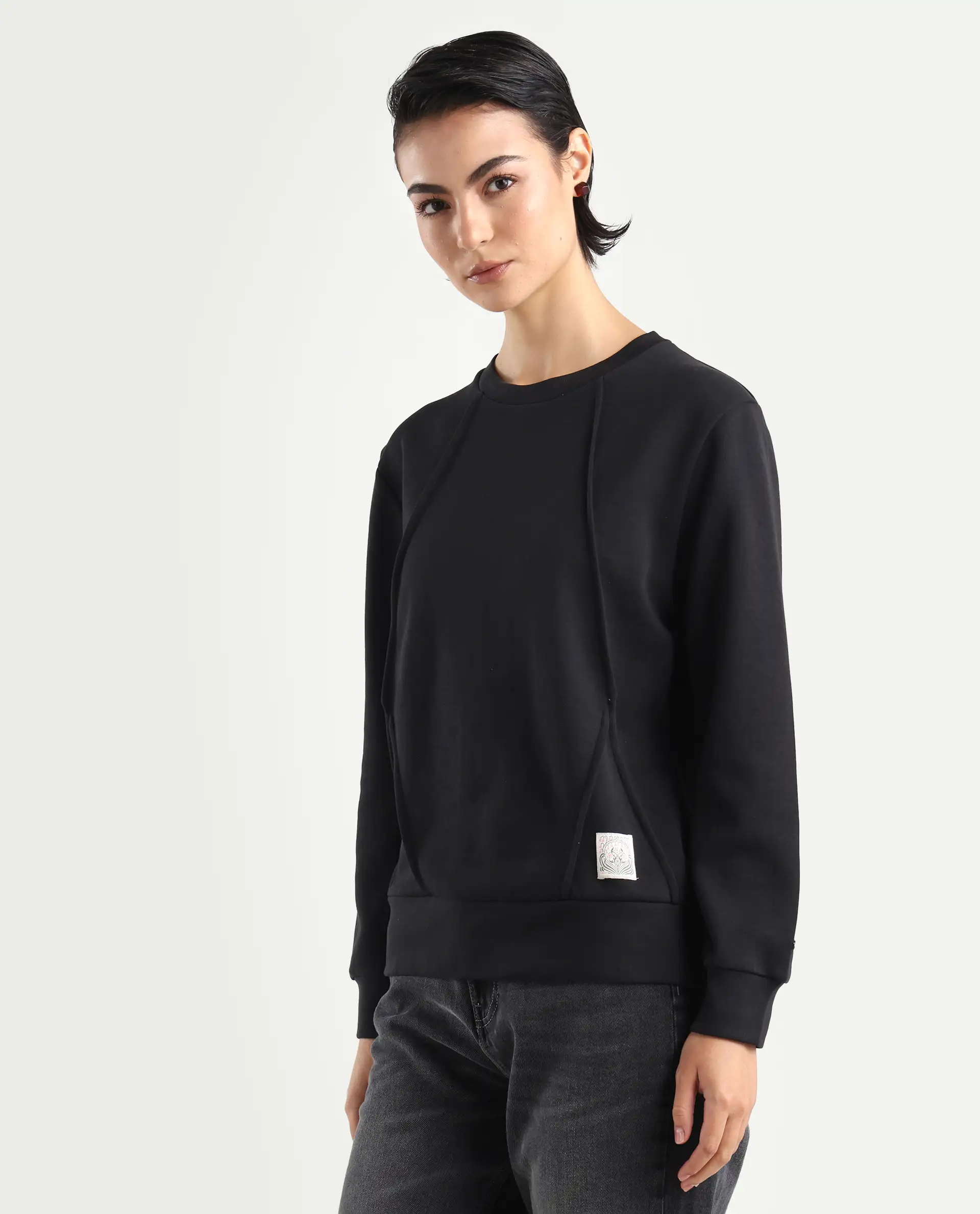 Rareism Women's Yello Black Cotton Blend Crew Neck Plain Relaxed Fit Sweatshirt - Image 5