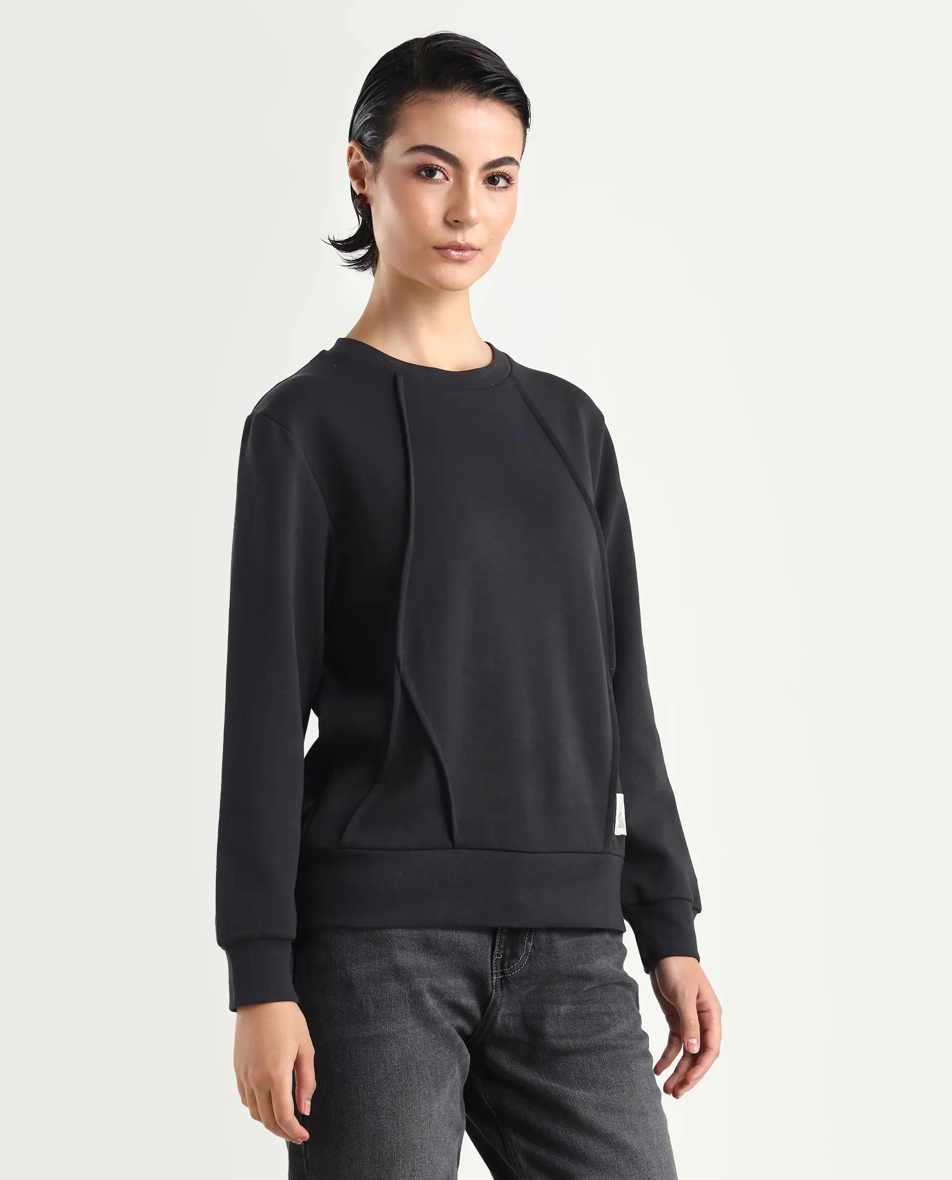 Rareism Women's Yello Black Cotton Blend Crew Neck Plain Relaxed Fit Sweatshirt - Image 6