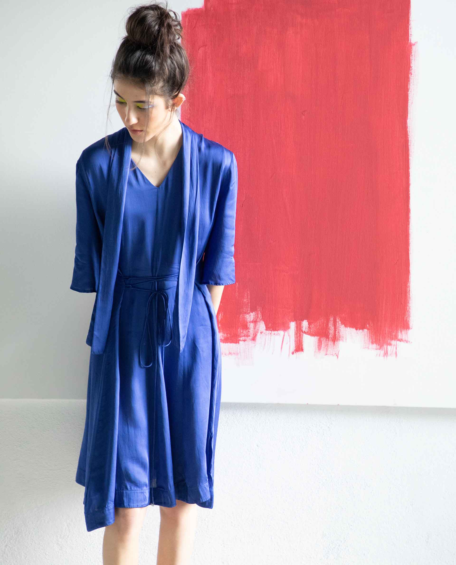 Rareism Women's Yeme Blue V-Neck Plain Flared Sleeve Knee Length Regular Fit Dress
