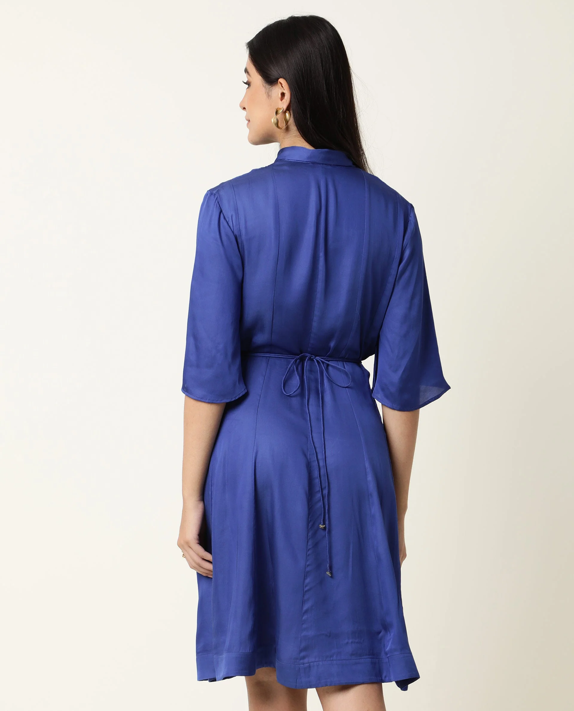 Rareism Women's Yeme Blue V-Neck Plain Flared Sleeve Knee Length Regular Fit Dress - Image 12