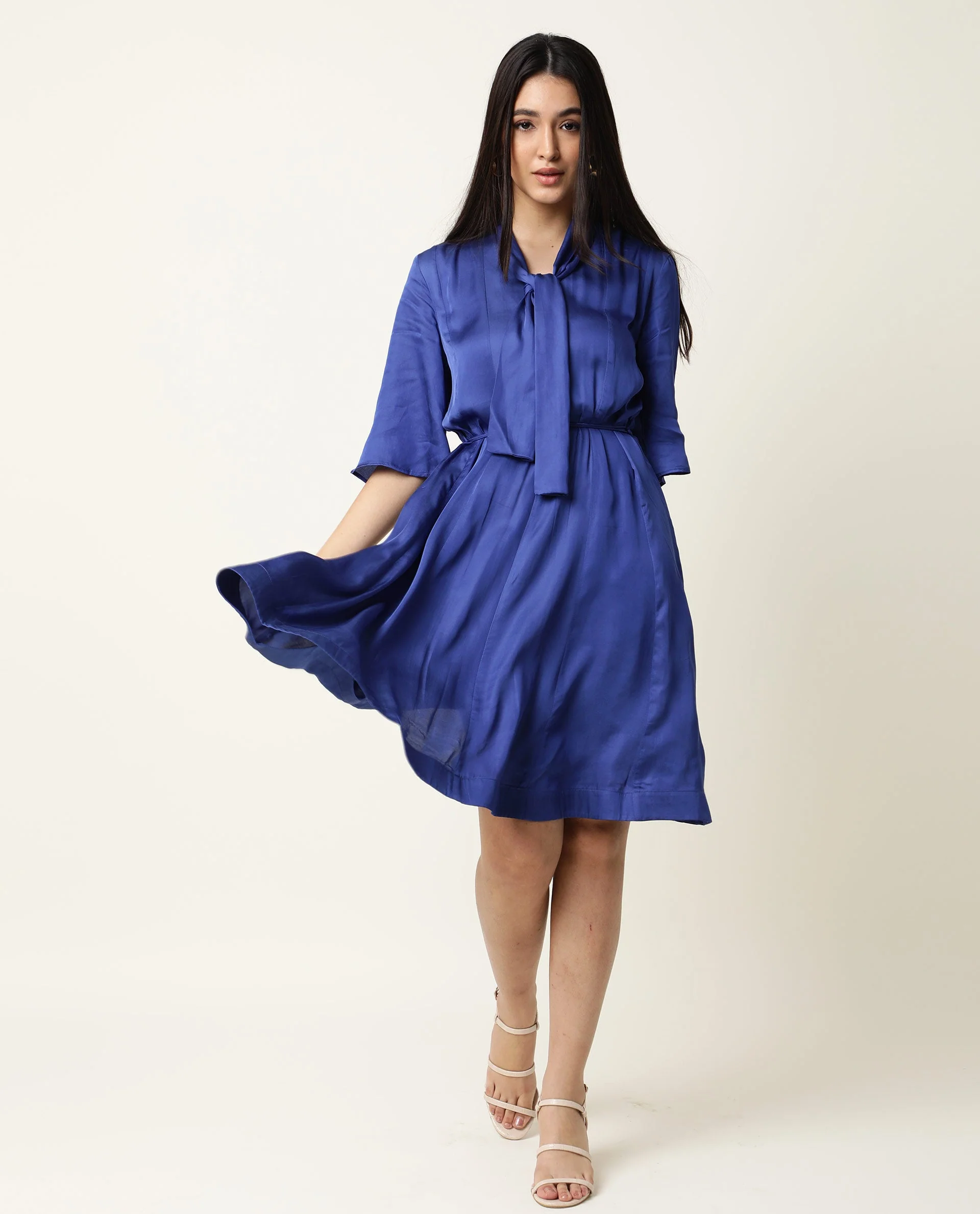 Rareism Women's Yeme Blue V-Neck Plain Flared Sleeve Knee Length Regular Fit Dress - Image 2