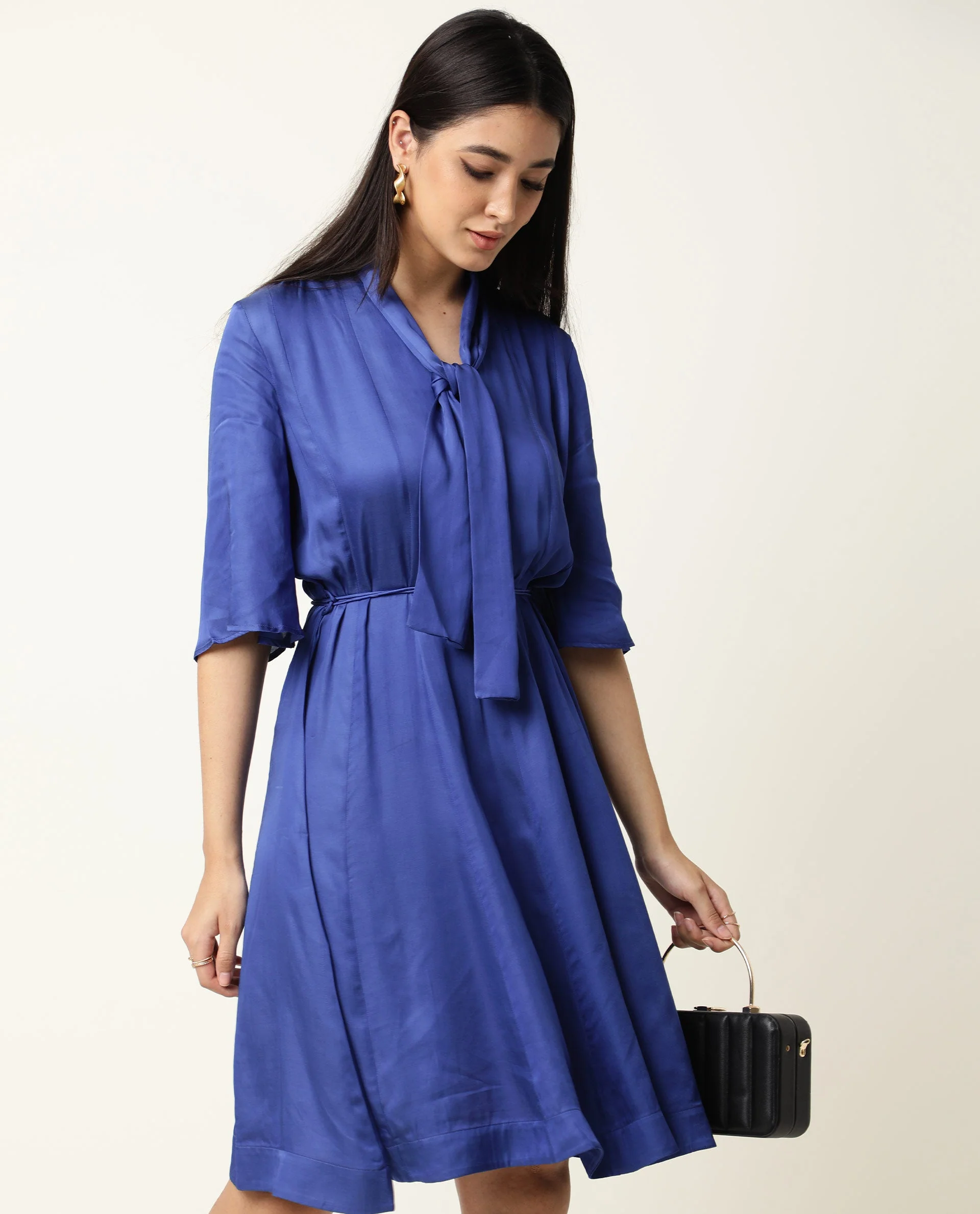 Rareism Women's Yeme Blue V-Neck Plain Flared Sleeve Knee Length Regular Fit Dress - Image 4