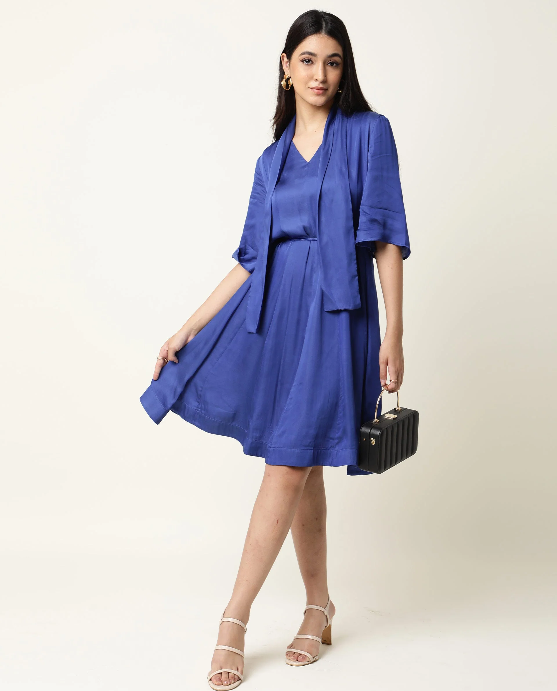 Rareism Women's Yeme Blue V-Neck Plain Flared Sleeve Knee Length Regular Fit Dress - Image 5