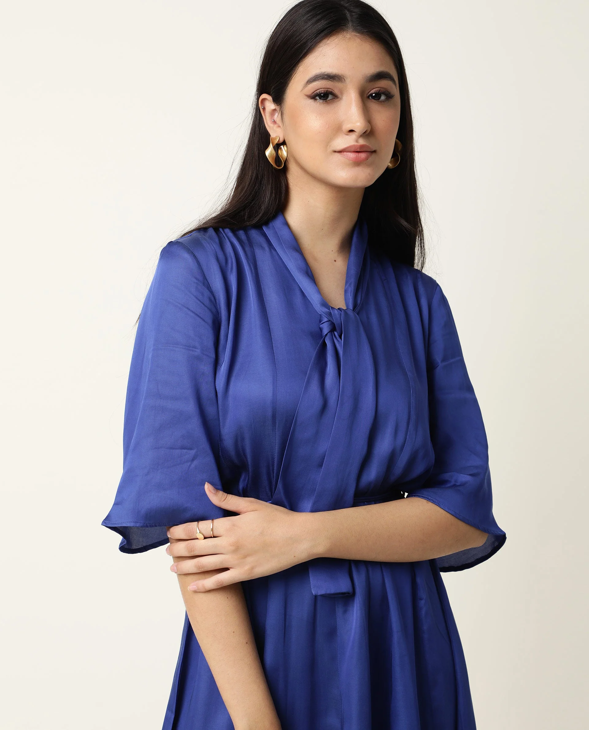Rareism Women's Yeme Blue V-Neck Plain Flared Sleeve Knee Length Regular Fit Dress - Image 6