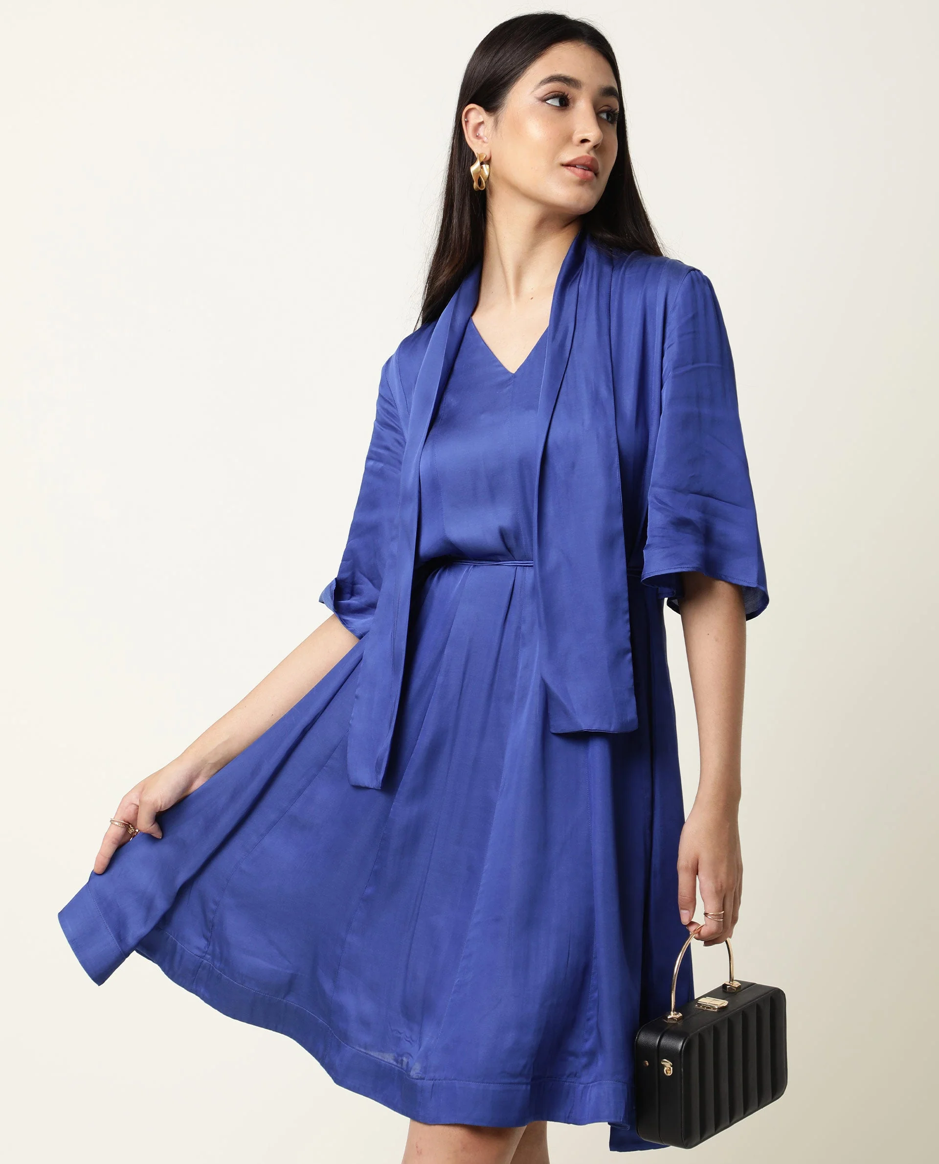 Rareism Women's Yeme Blue V-Neck Plain Flared Sleeve Knee Length Regular Fit Dress - Image 7