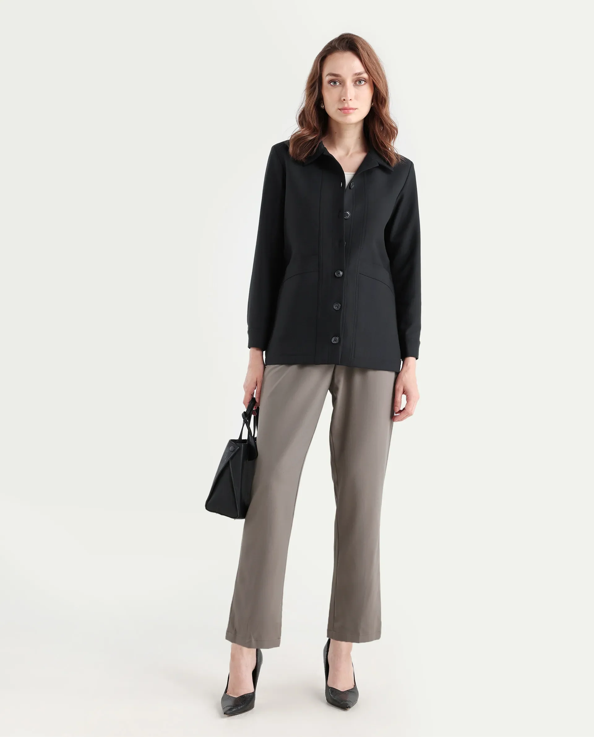 Rareism Women's Yeppon Black Drop Collar Plain Cuffed Sleeve Hip Length Boxy Fit Jacket - Image 2