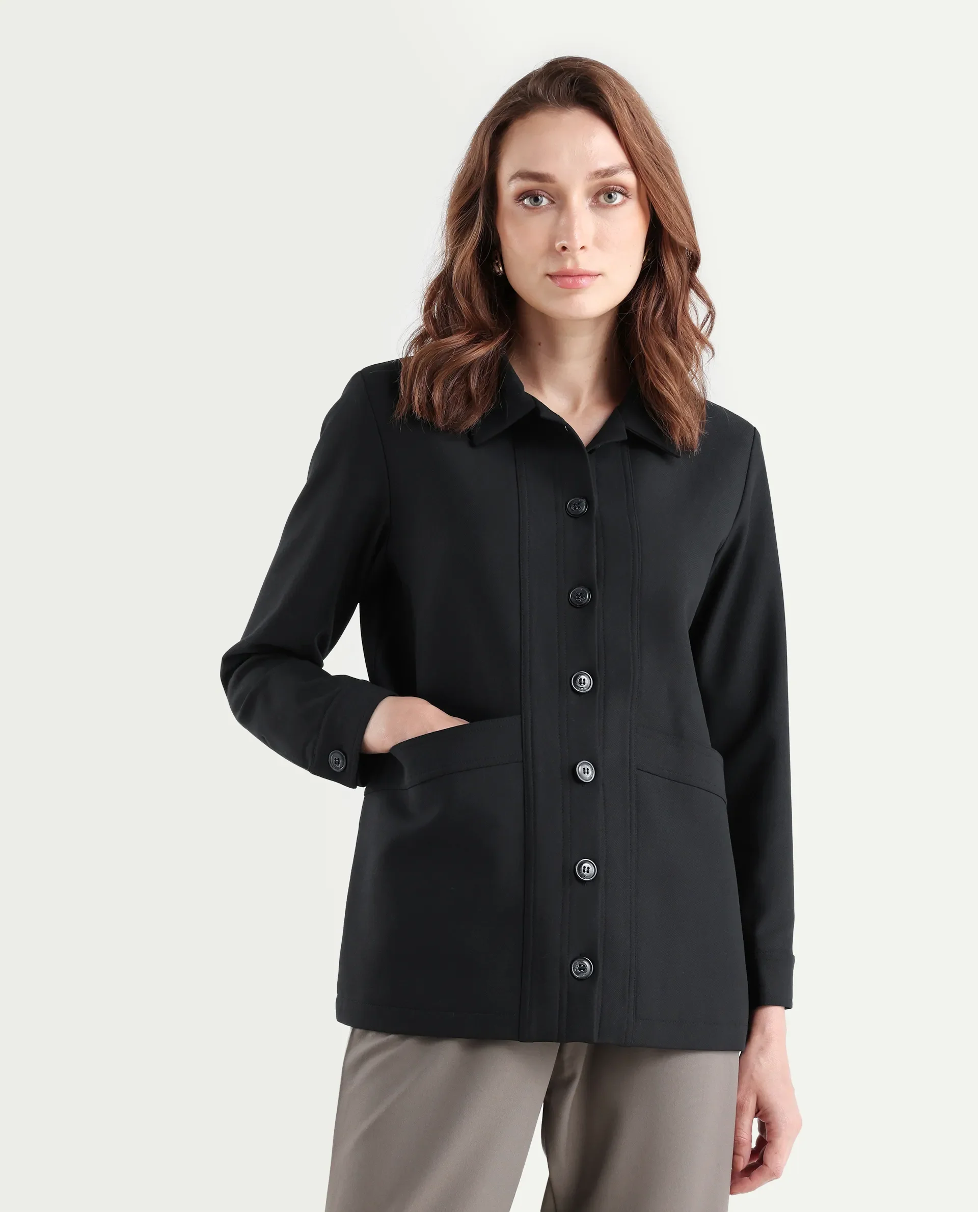 Rareism Women's Yeppon Black Drop Collar Plain Cuffed Sleeve Hip Length Boxy Fit Jacket - Image 3