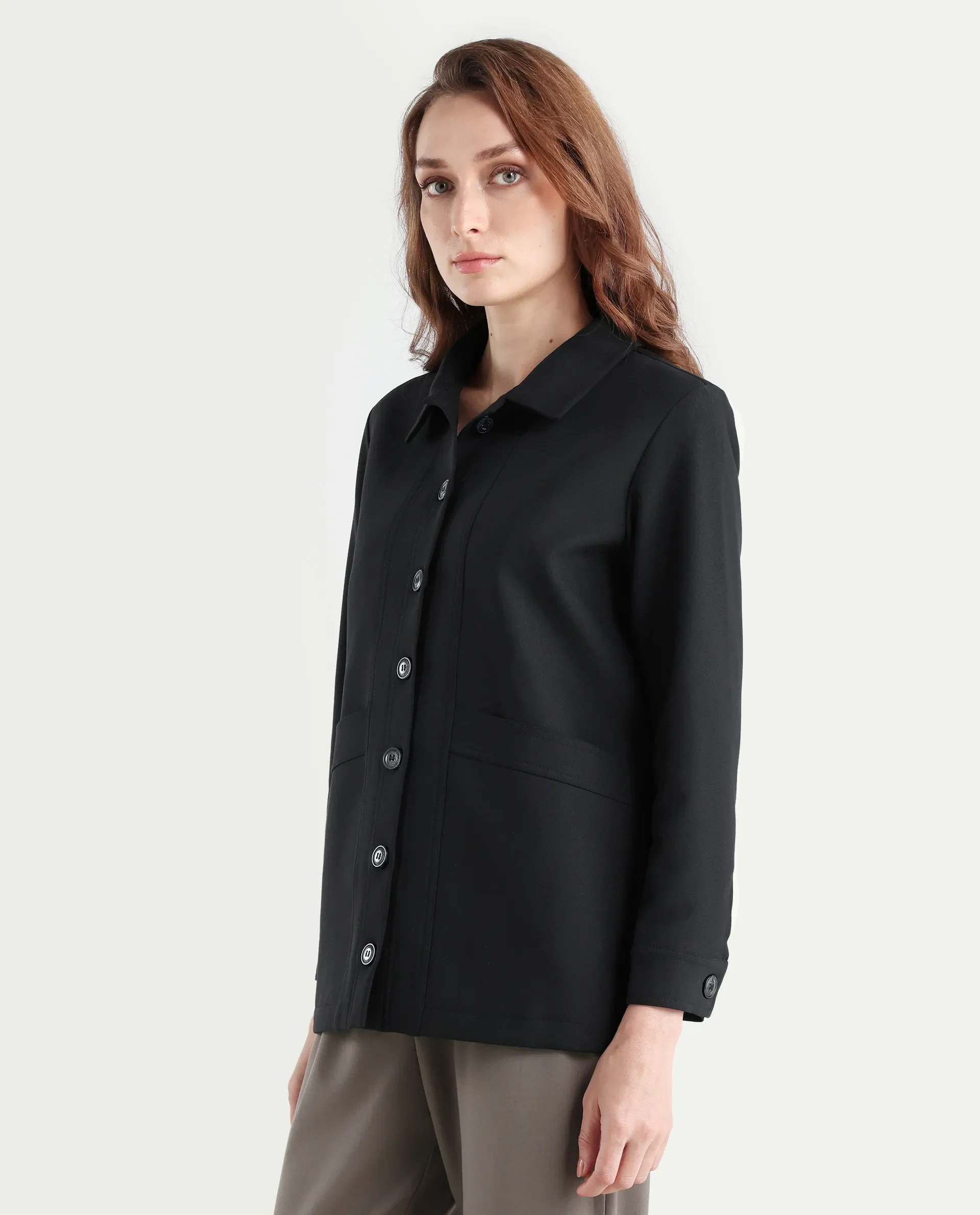 Rareism Women's Yeppon Black Drop Collar Plain Cuffed Sleeve Hip Length Boxy Fit Jacket - Image 6