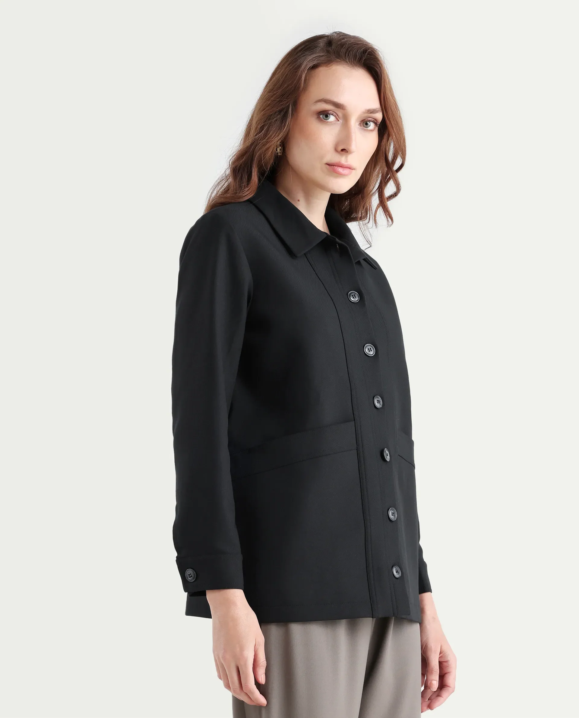 Rareism Women's Yeppon Black Drop Collar Plain Cuffed Sleeve Hip Length Boxy Fit Jacket - Image 7