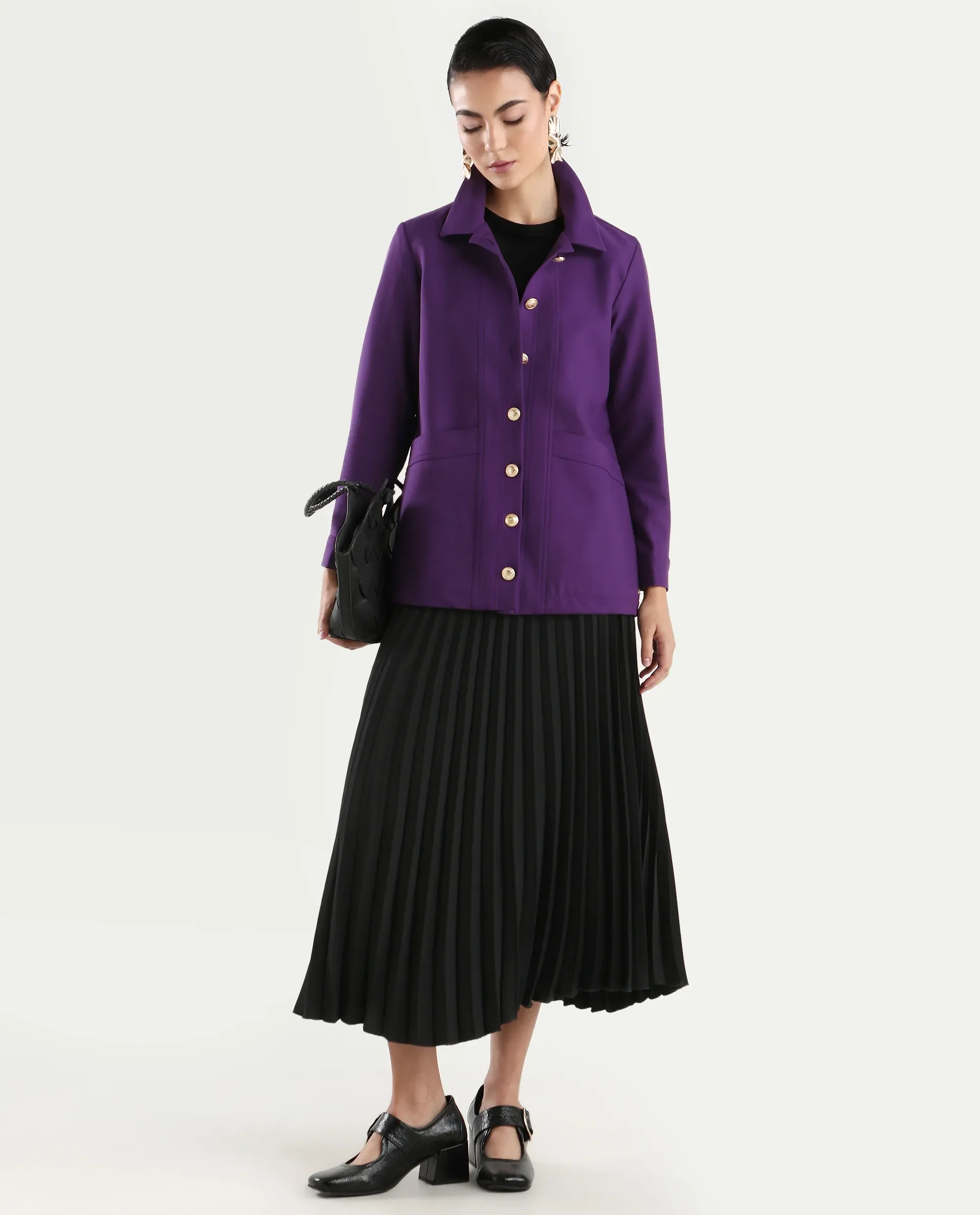 Rareism Women's Yeppon Purple Spread Collar Plain Cuffed Sleeve Hip Length Boxy Fit Jacket - Image 2