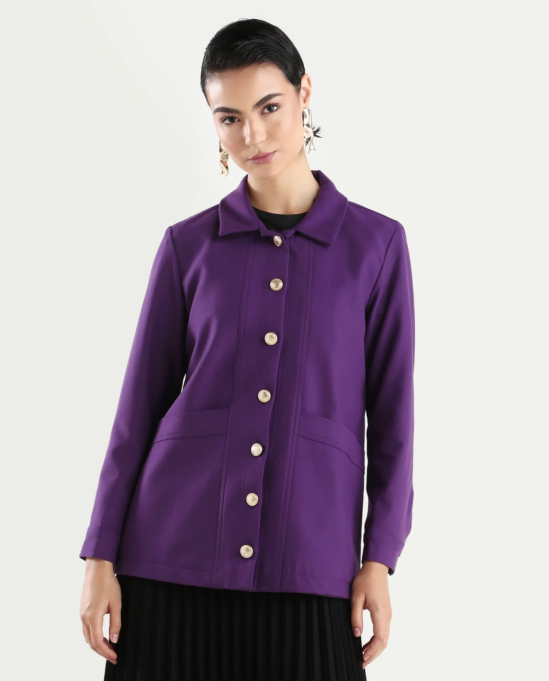 Rareism Women's Yeppon Purple Spread Collar Plain Cuffed Sleeve Hip Length Boxy Fit Jacket - Image 3