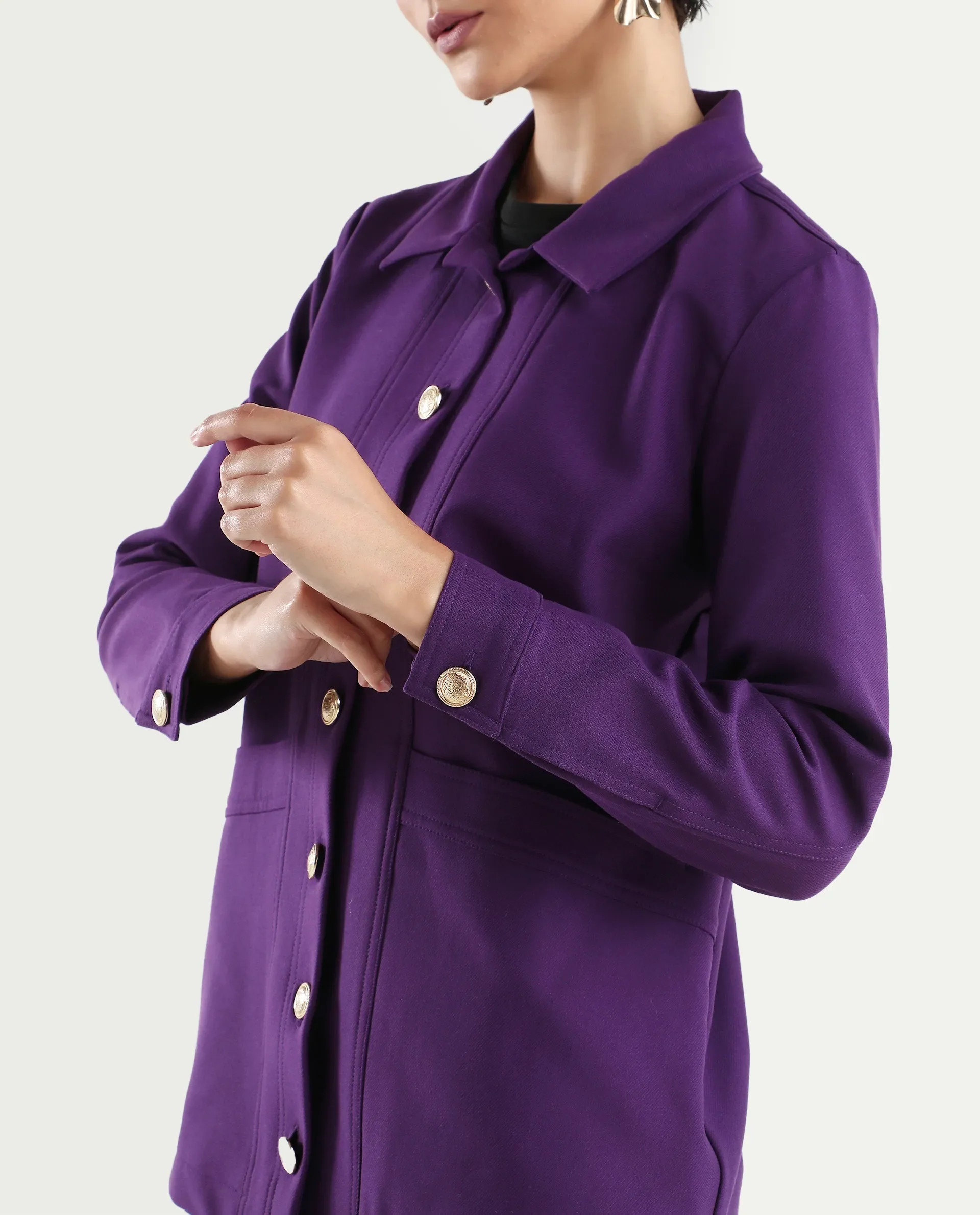 Rareism Women's Yeppon Purple Spread Collar Plain Cuffed Sleeve Hip Length Boxy Fit Jacket - Image 4